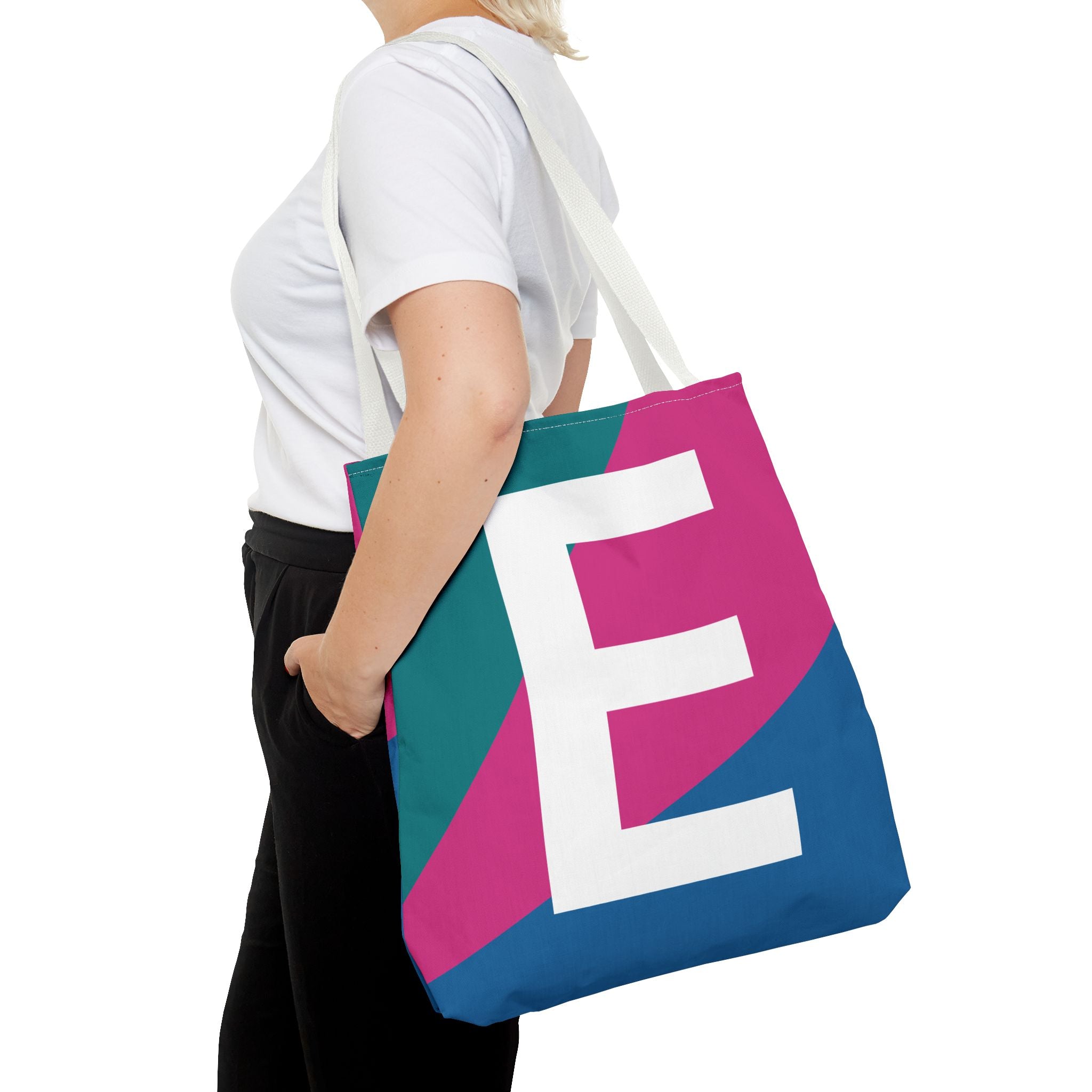 Monogram 'E' Colorblock Tote Bag — Personalized Initial E Shoulder Tote