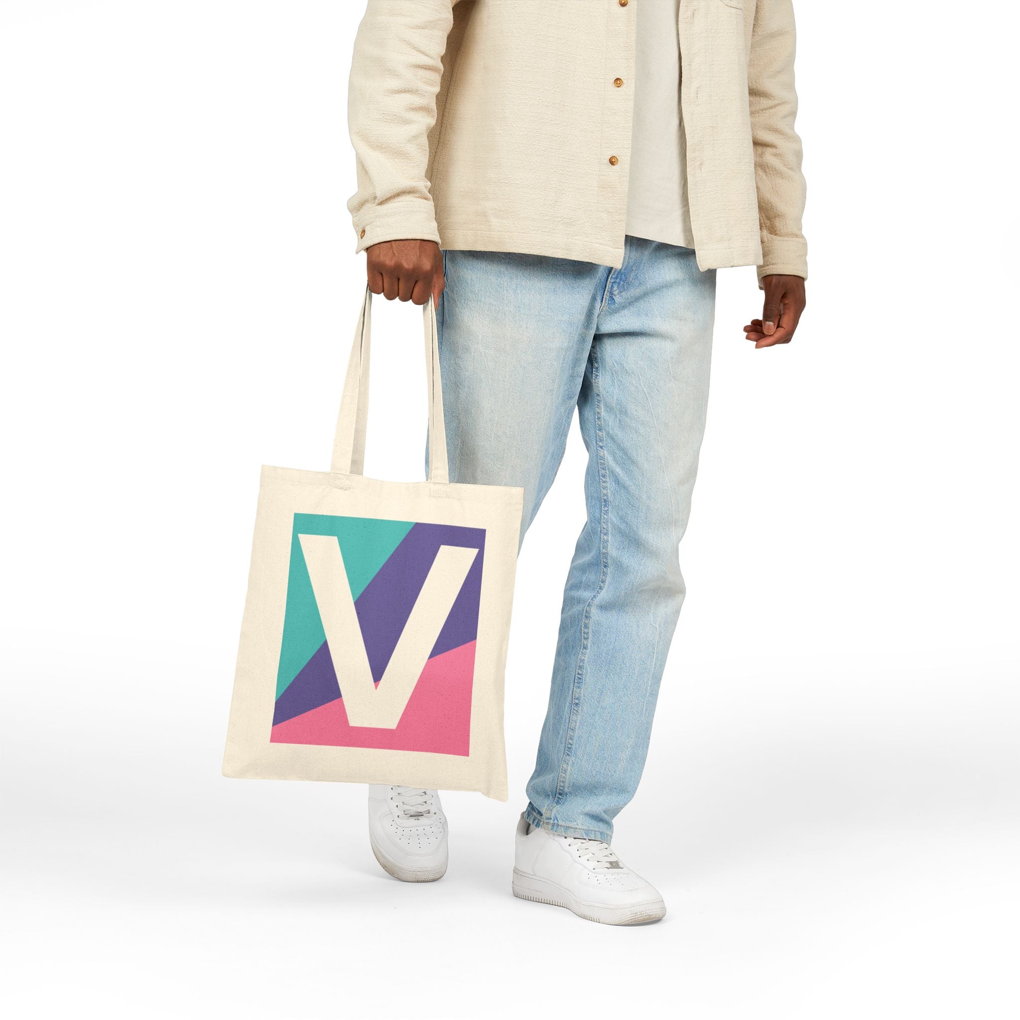 Initial V Colorblock Canvas Tote Bag — Monogram Letter V Reusable Grocery Tote