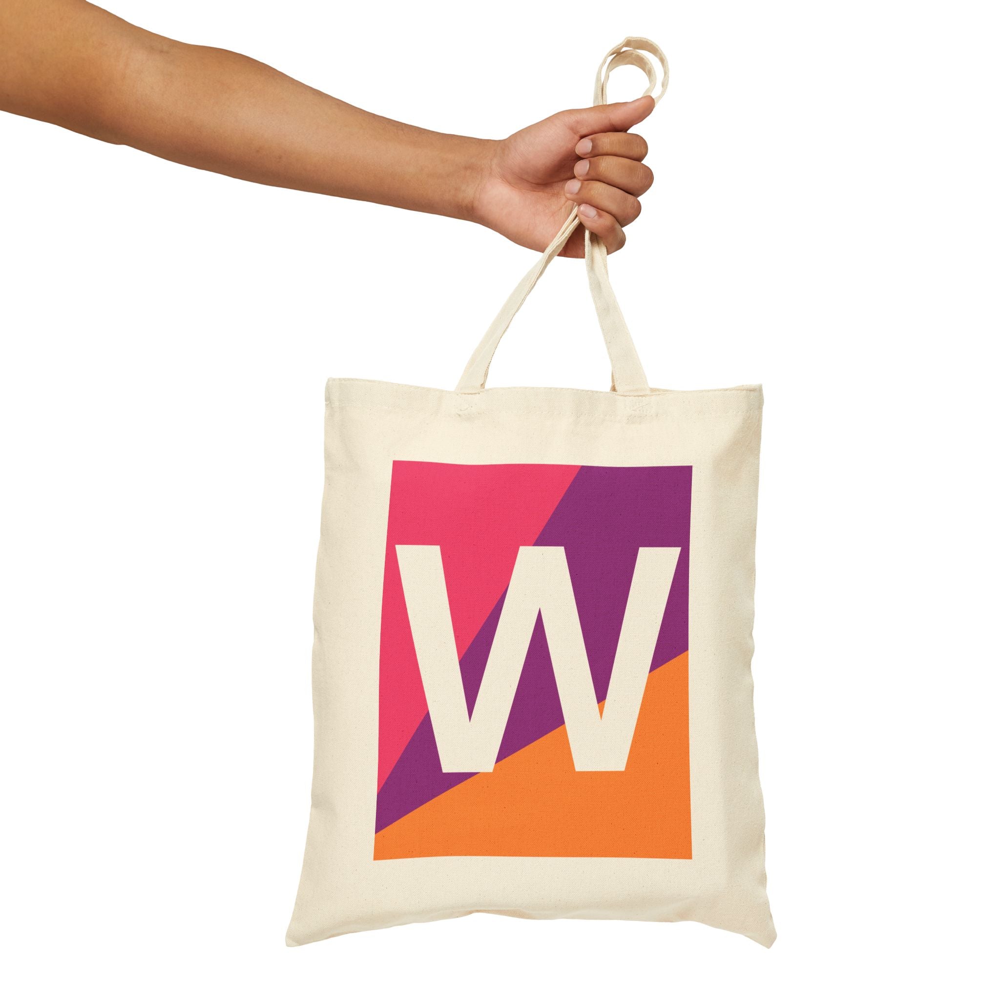 Initial W Colorblock Canvas Tote Bag — Monogram Letter W Reusable Grocery Tote