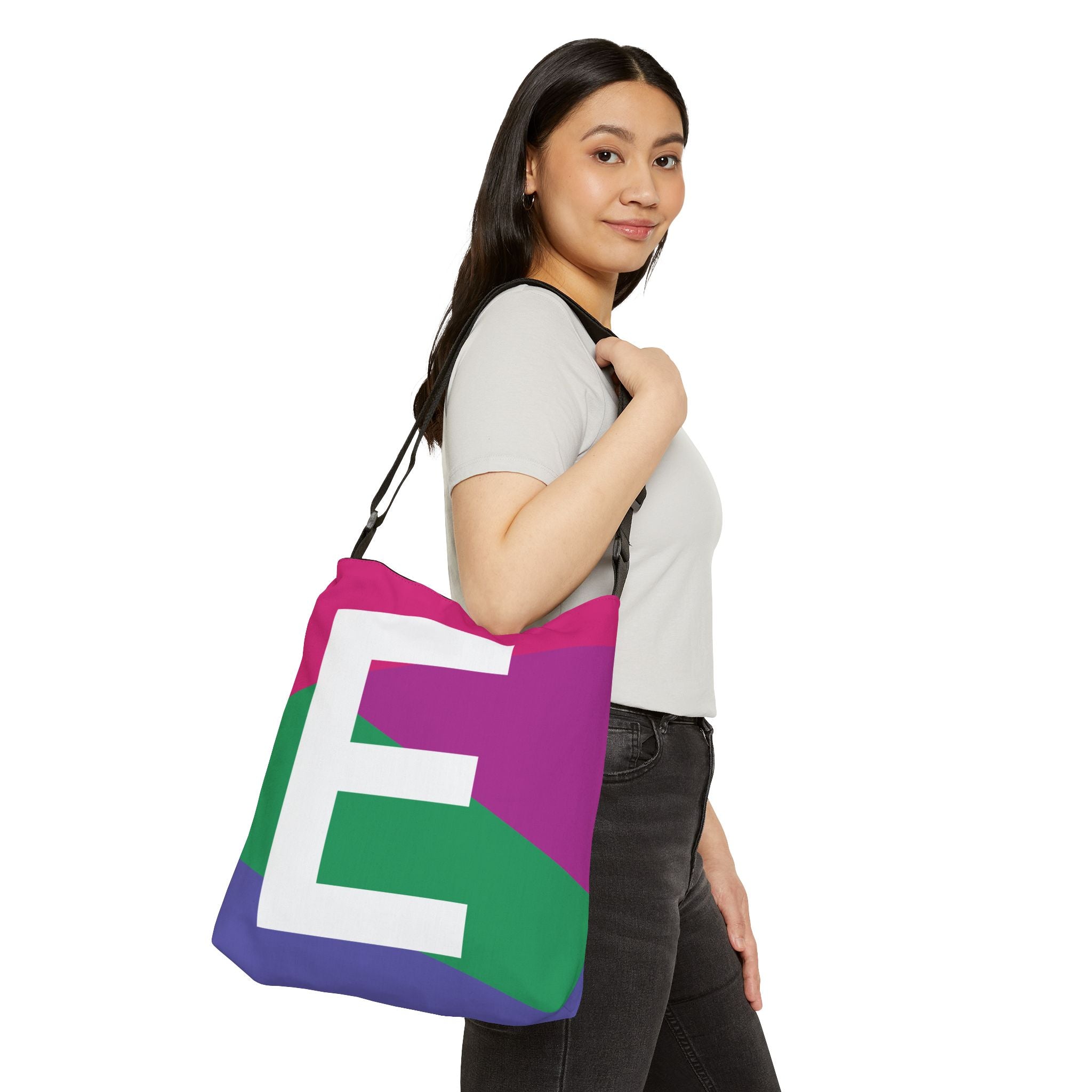 Initial Letter 'E' Colorblock Adjustable Tote Bag — Monogram Alphabet Shoulder Bag