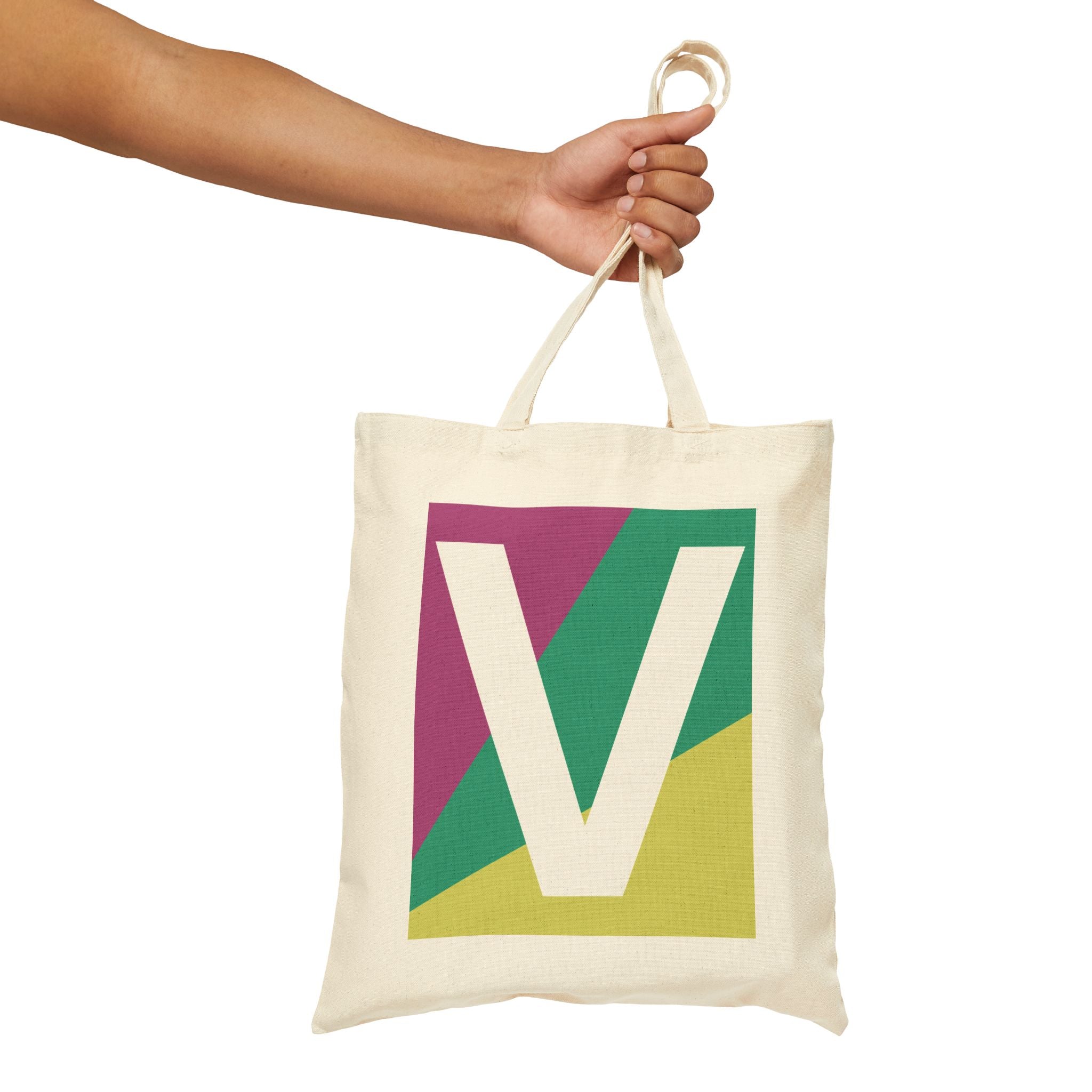 Initial V Colorblock Canvas Tote Bag — Monogram Letter V Reusable Grocery Tote