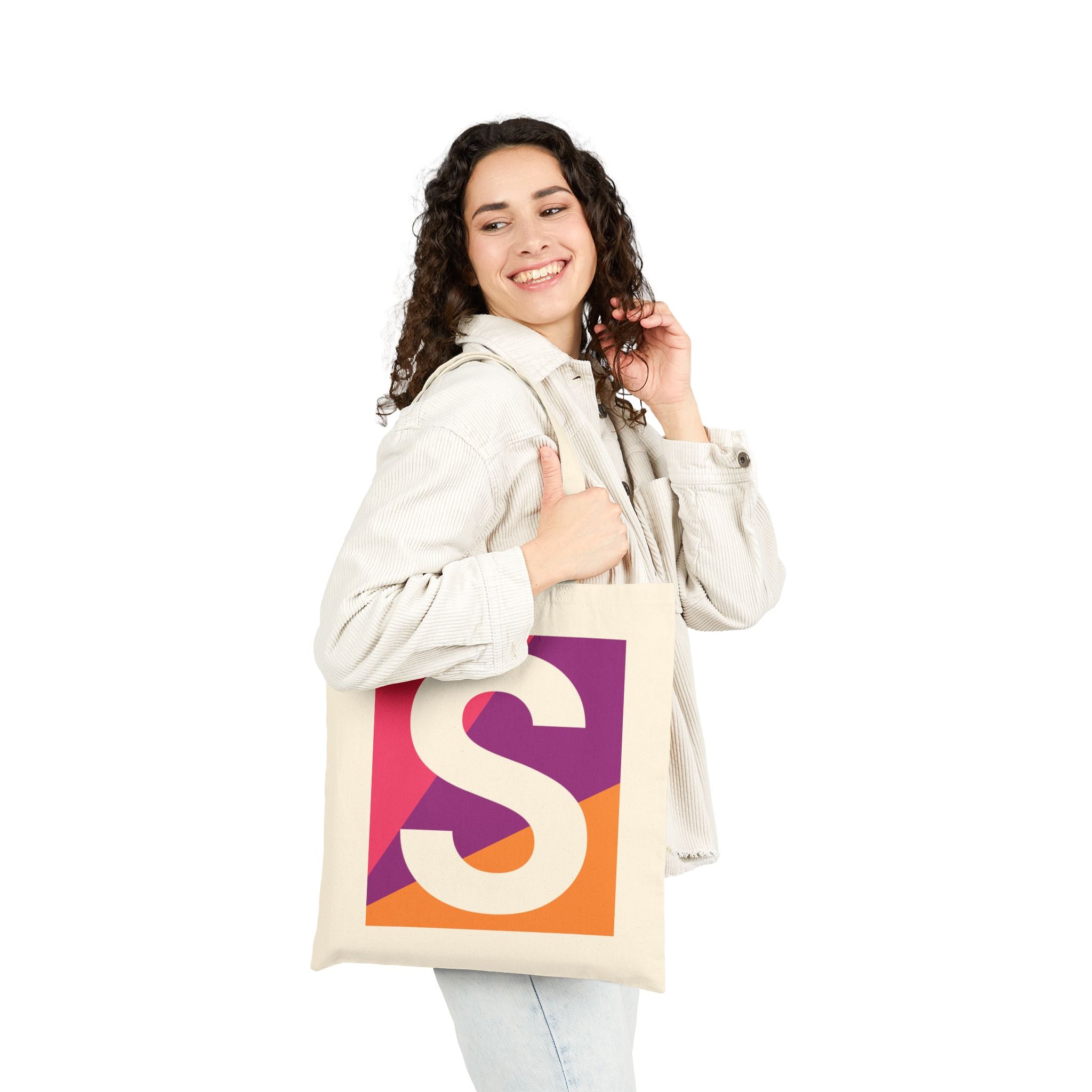 Initial S Colorblock Canvas Tote Bag — Monogram Letter S Reusable Grocery Tote