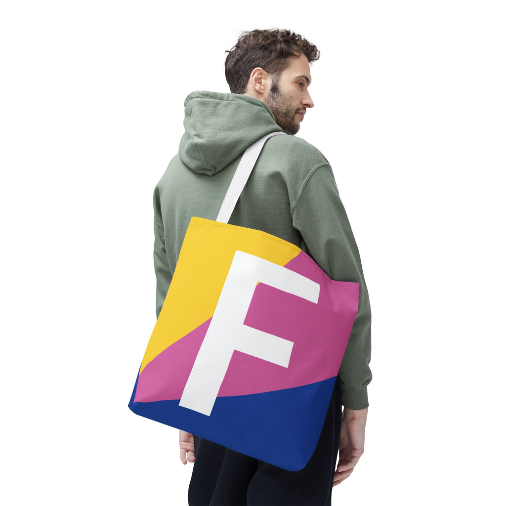 Monogram 'F' Colorblock Tote Bag — Personalized Initial F Shoulder Tote