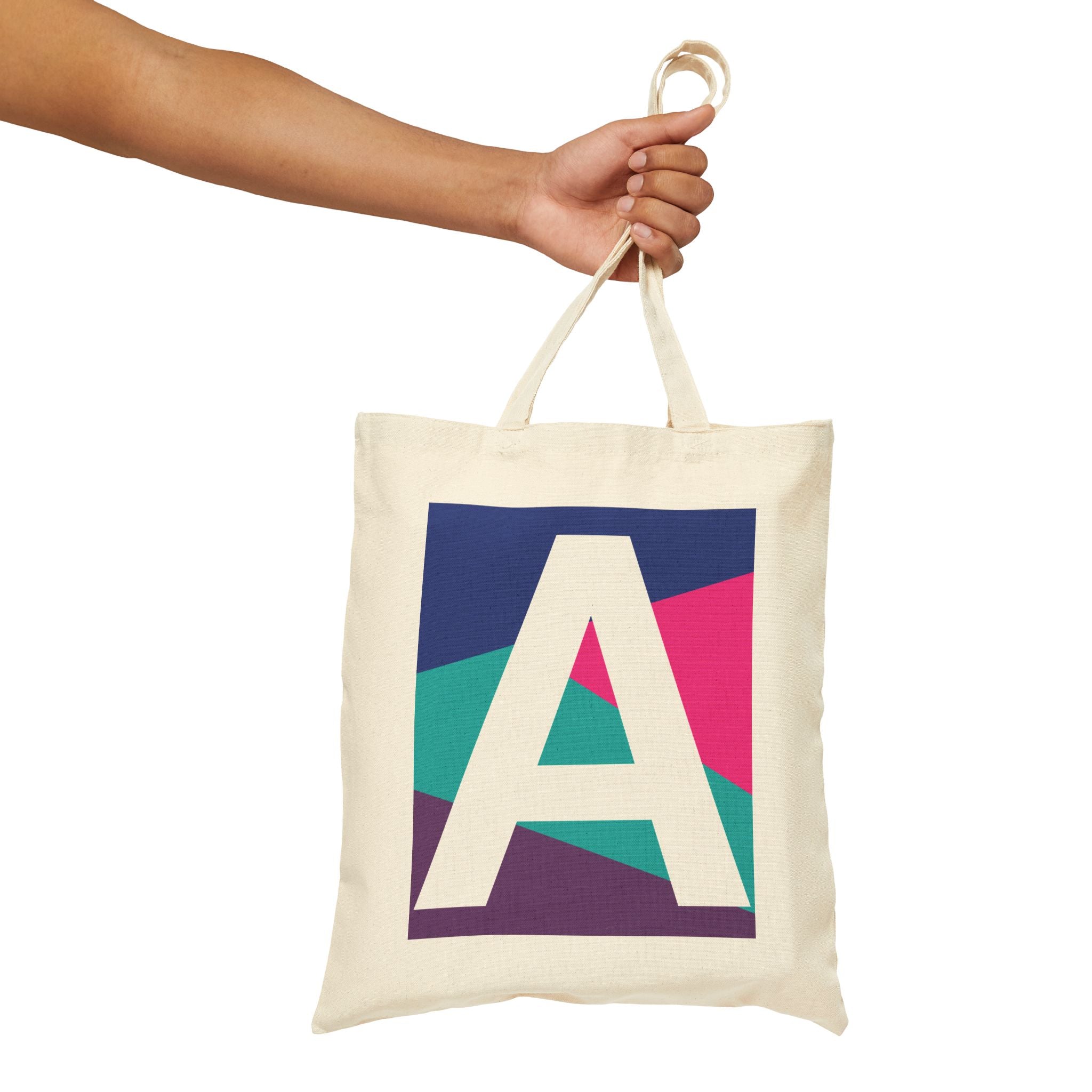Initial A Colorblock Canvas Tote Bag — Monogram Letter A Reusable Grocery Tote