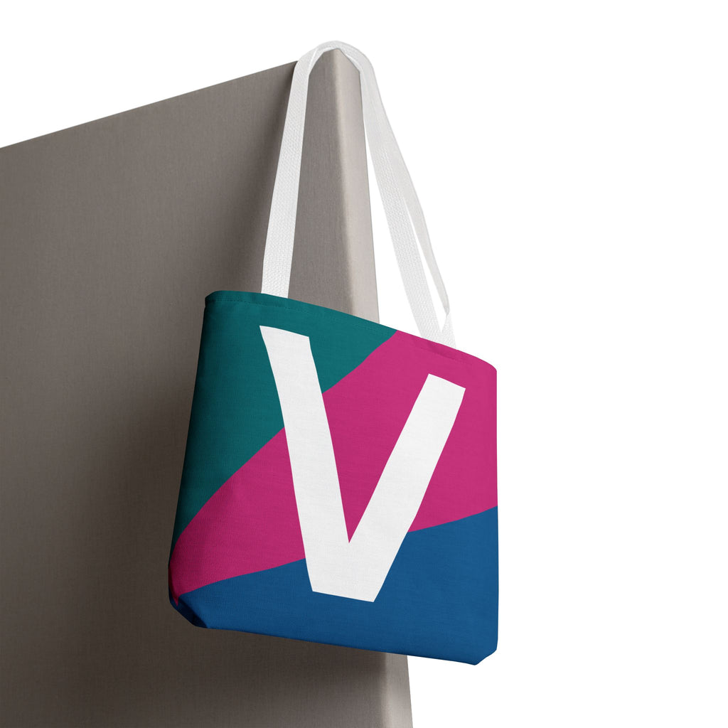 Monogram 'V' Colorblock Tote Bag — Personalized Initial V Shoulder Tote