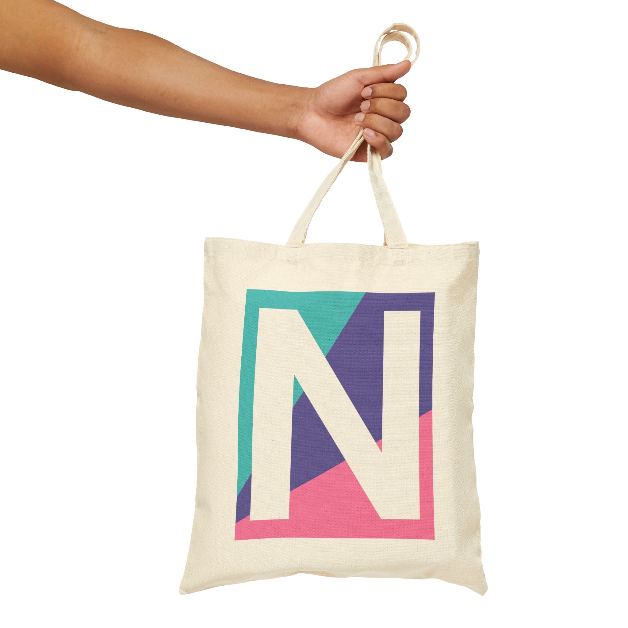 Initial N Colorblock Canvas Tote Bag — Monogram Letter N Reusable Grocery Tote