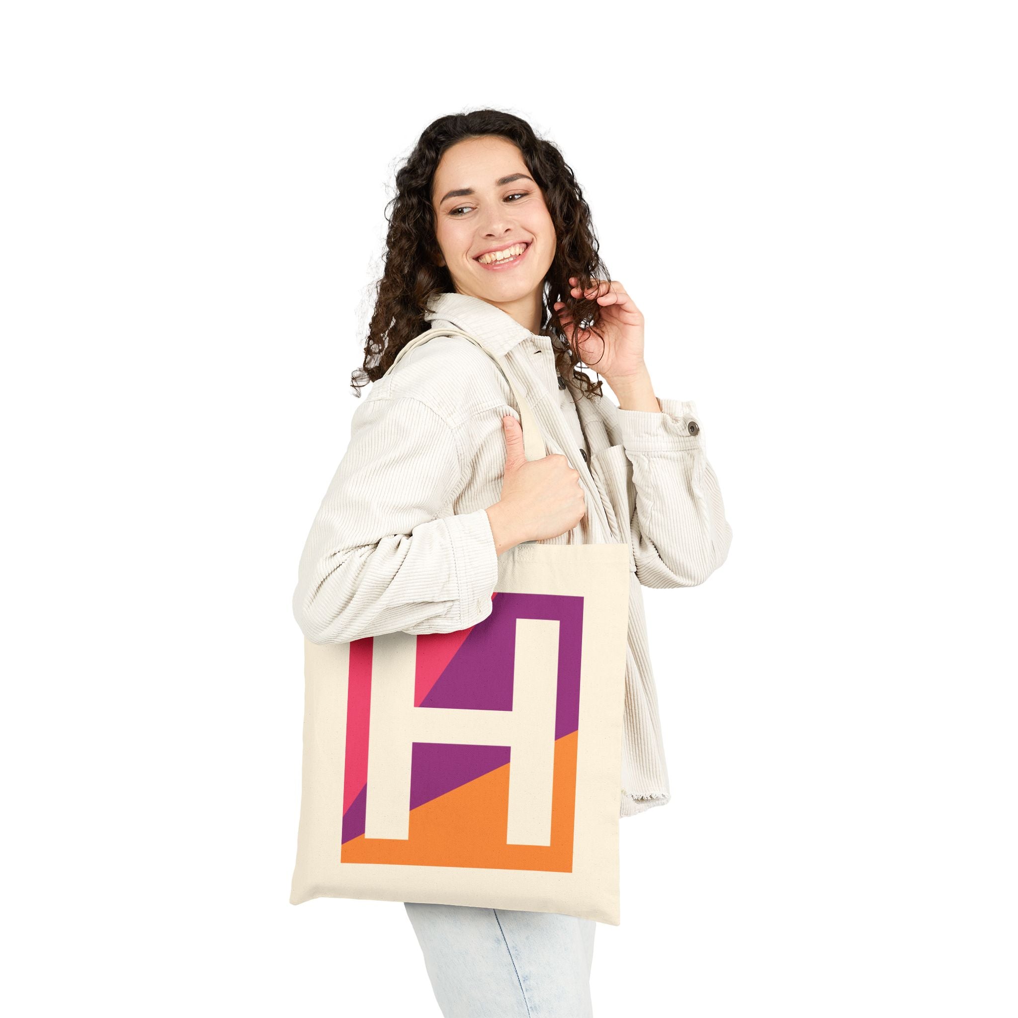 Initial H Colorblock Canvas Tote Bag — Monogram Letter H Reusable Grocery Tote