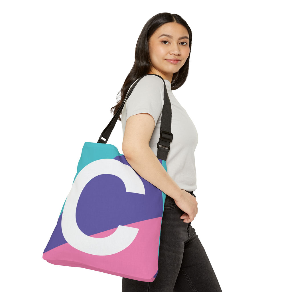 Initial Letter 'C' Colorblock Adjustable Tote Bag — Monogram Alphabet Shoulder Bag