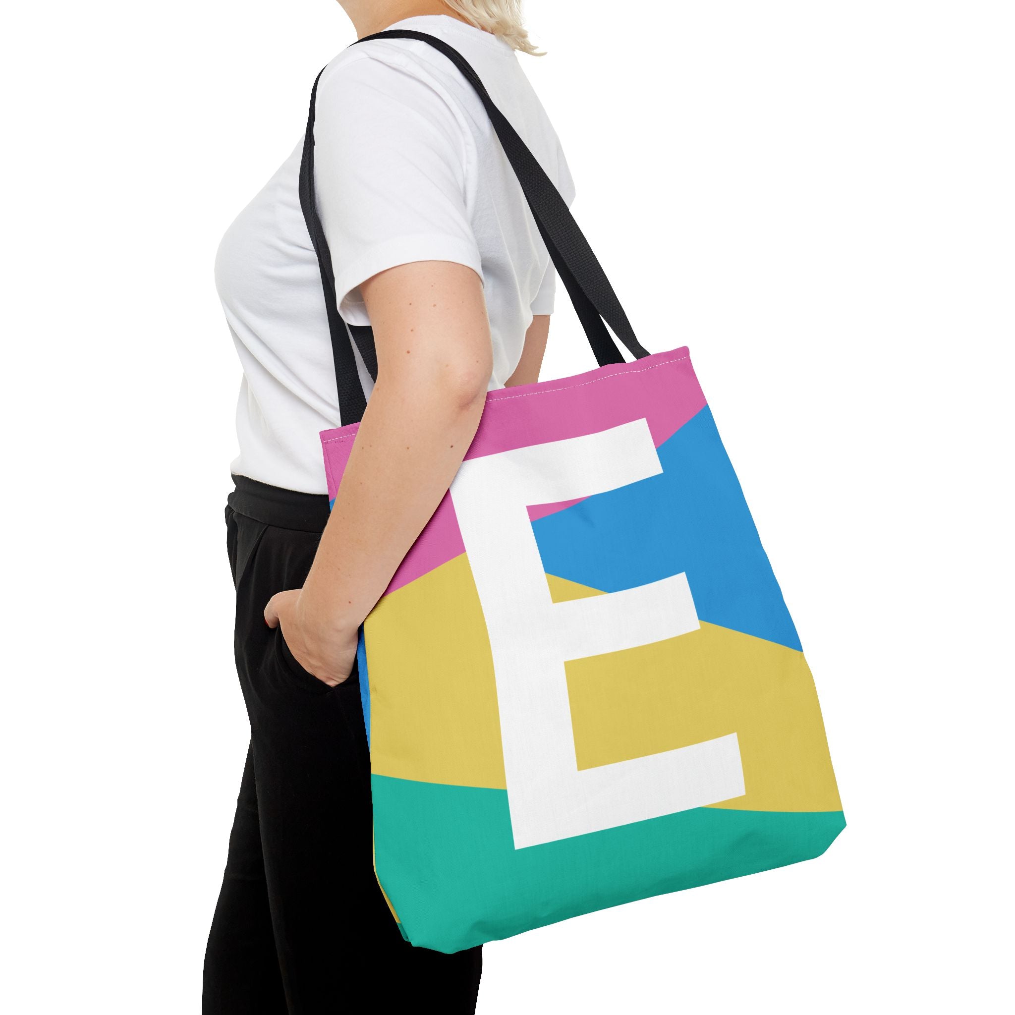 Monogram 'E' Colorblock Tote Bag — Personalized Initial E Shoulder Tote