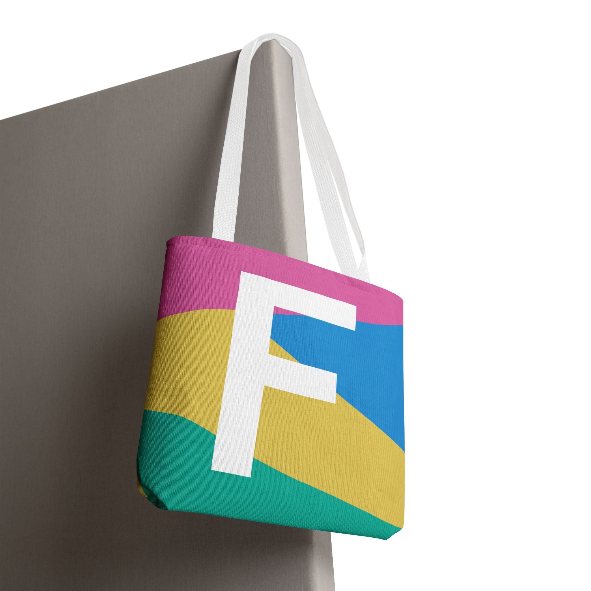 Monogram 'F' Colorblock Tote Bag — Personalized Initial F Shoulder Tote
