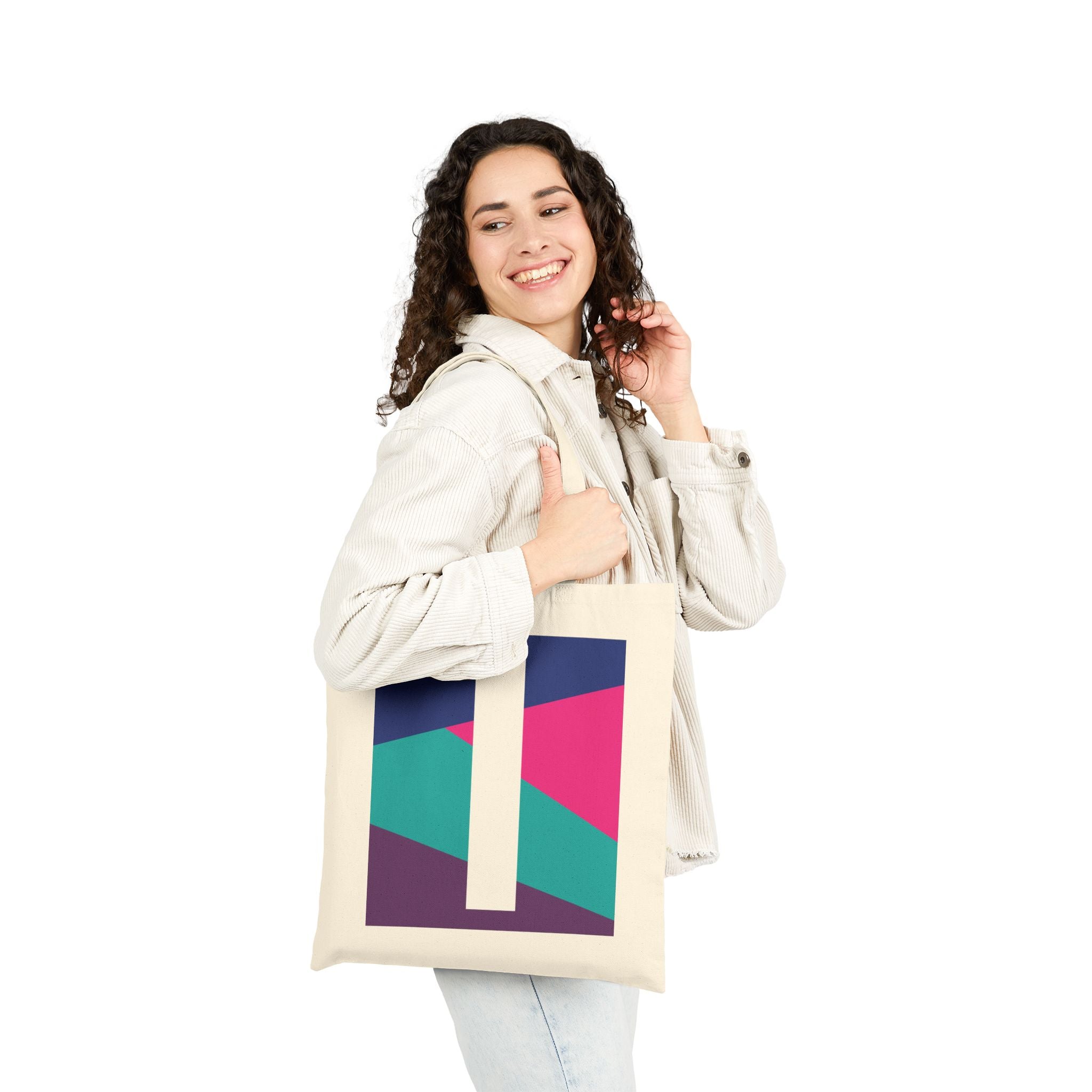 Initial I Colorblock Canvas Tote Bag — Monogram Letter I Reusable Grocery Tote