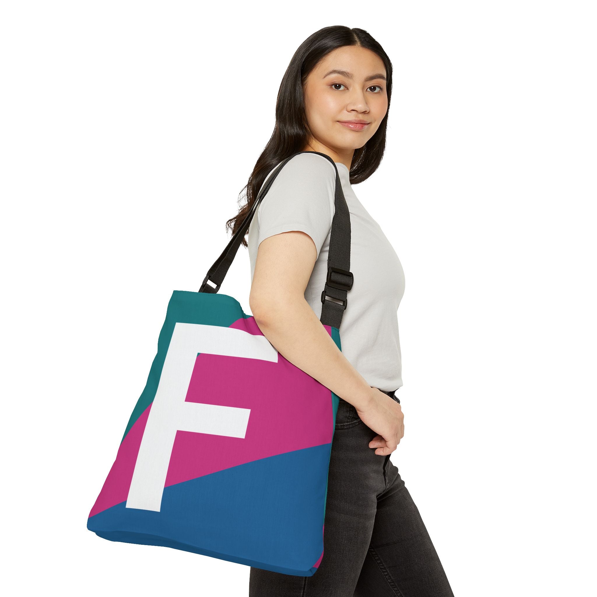 Initial Letter 'F' Colorblock Adjustable Tote Bag — Monogram Alphabet Shoulder Bag