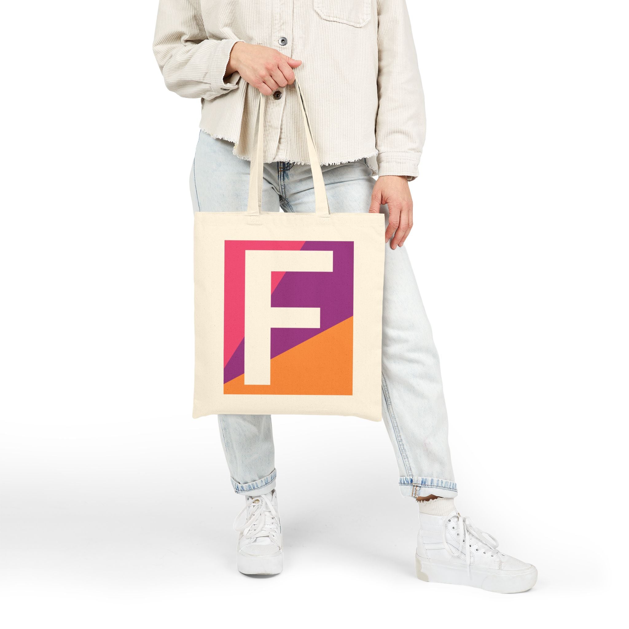Initial F Colorblock Canvas Tote Bag — Monogram Letter F Reusable Grocery Tote