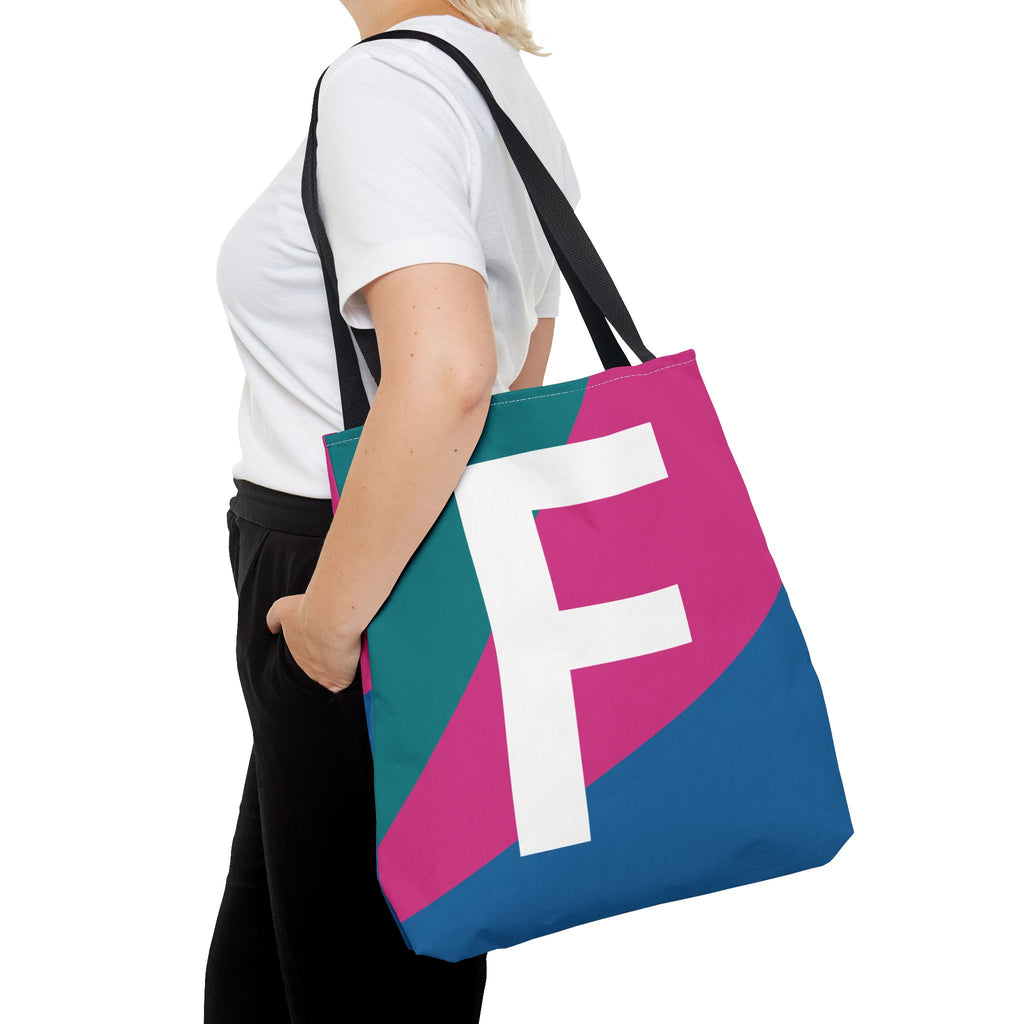 Monogram 'F' Colorblock Tote Bag — Personalized Initial F Shoulder Tote