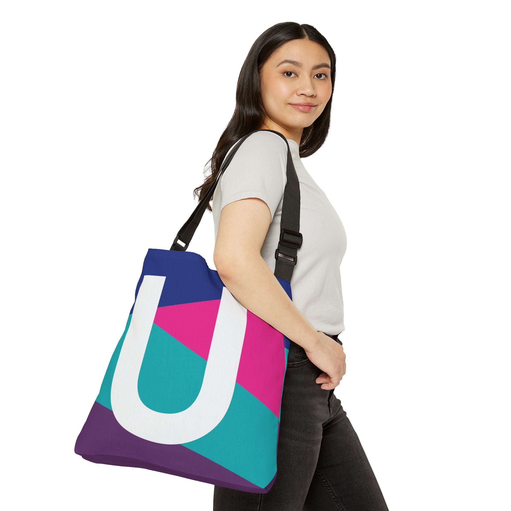 Initial Letter 'U' Colorblock Adjustable Tote Bag — Monogram Alphabet Shoulder Bag