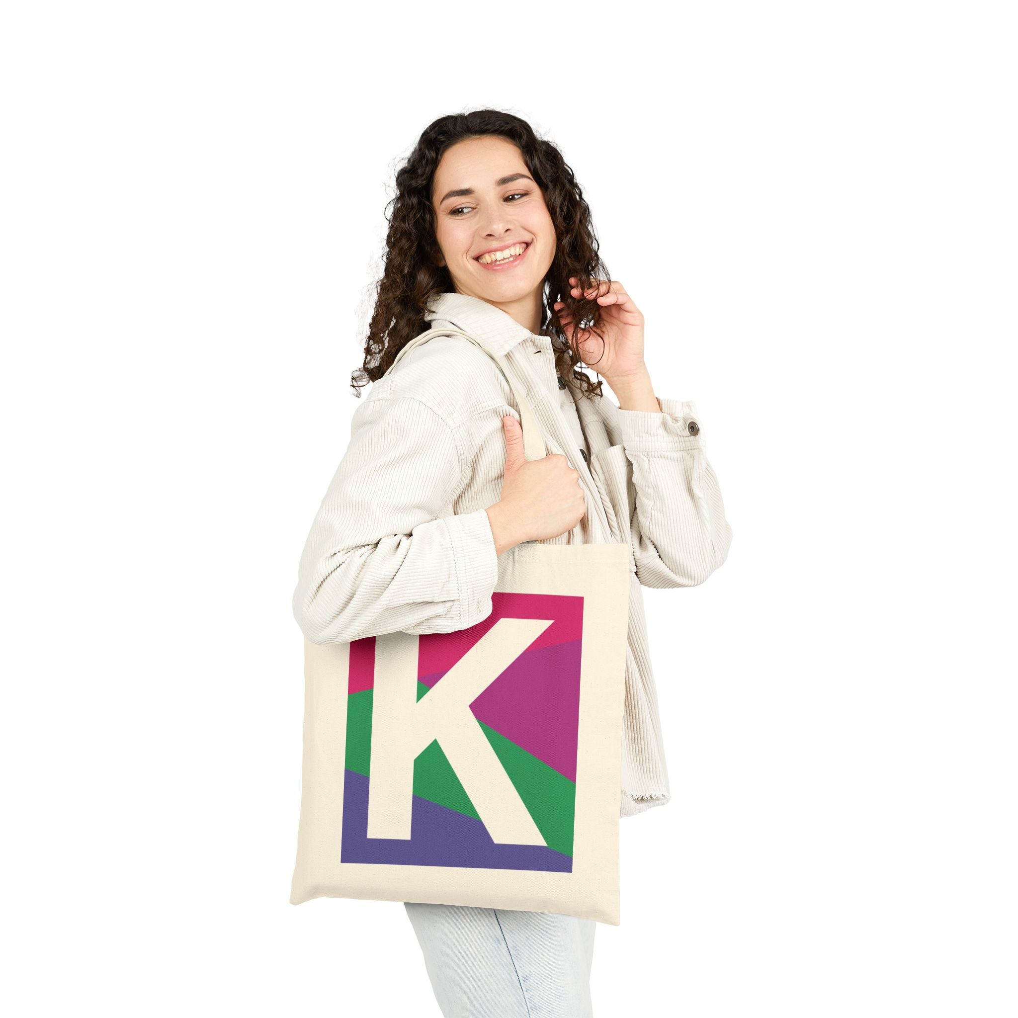 Initial K Colorblock Canvas Tote Bag — Monogram Letter K Reusable Grocery Tote