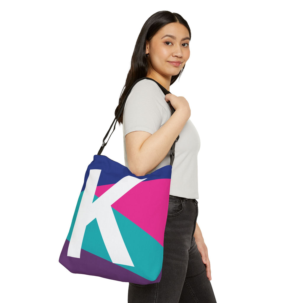 Initial Letter 'K' Colorblock Adjustable Tote Bag — Monogram Alphabet Shoulder Bag