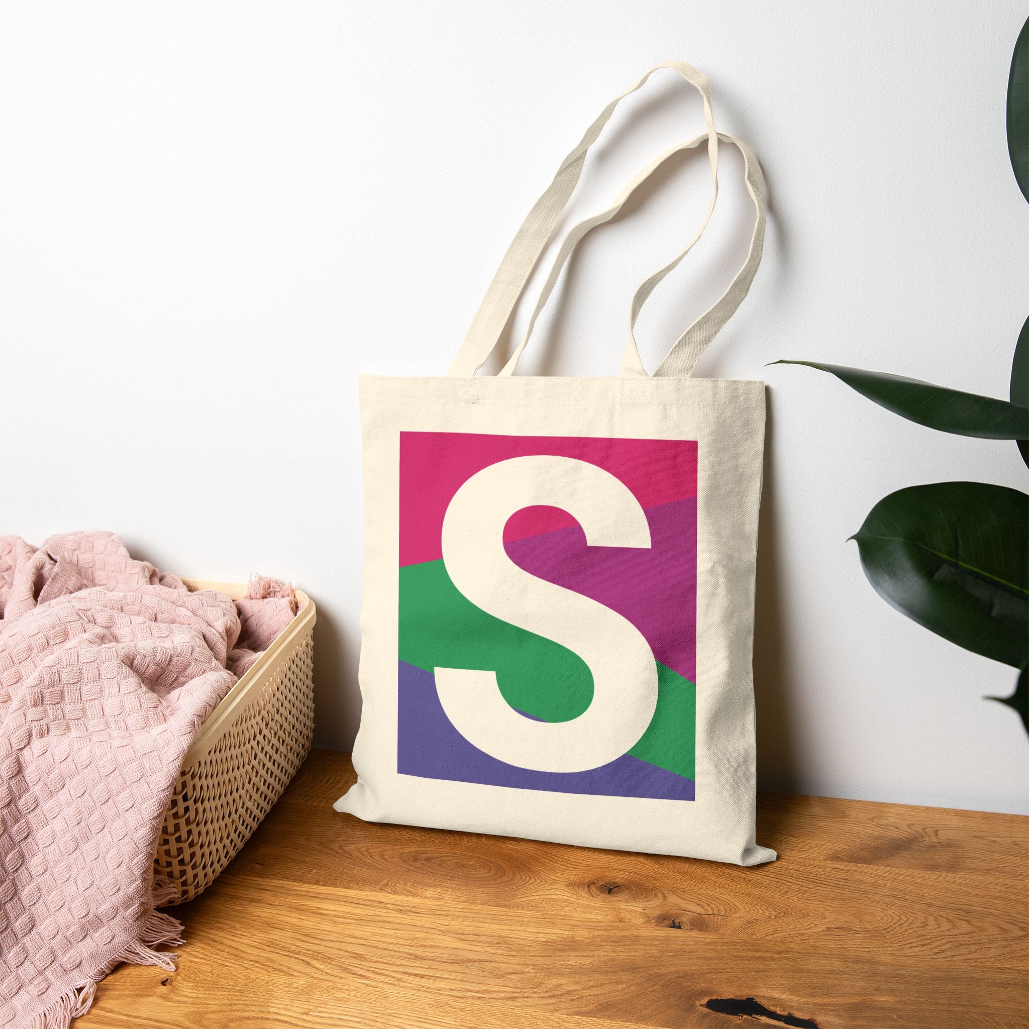 Initial S Colorblock Canvas Tote Bag — Monogram Letter S Reusable Grocery Tote