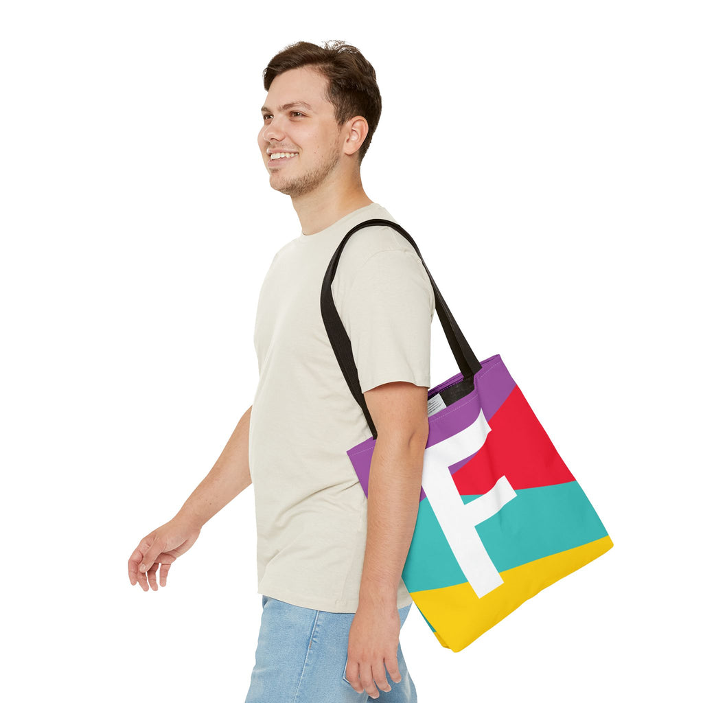 Monogram 'F' Colorblock Tote Bag — Personalized Initial F Shoulder Tote