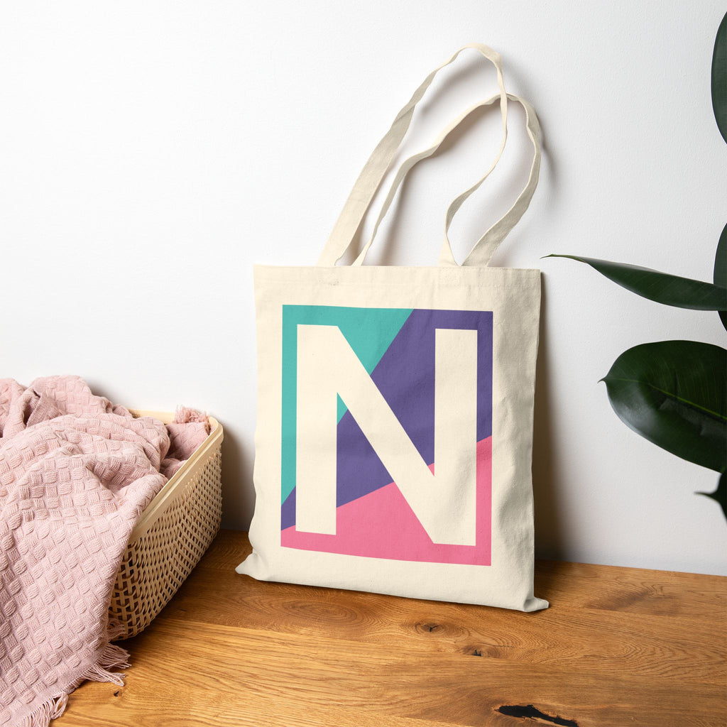 Initial N Colorblock Canvas Tote Bag — Monogram Letter N Reusable Grocery Tote