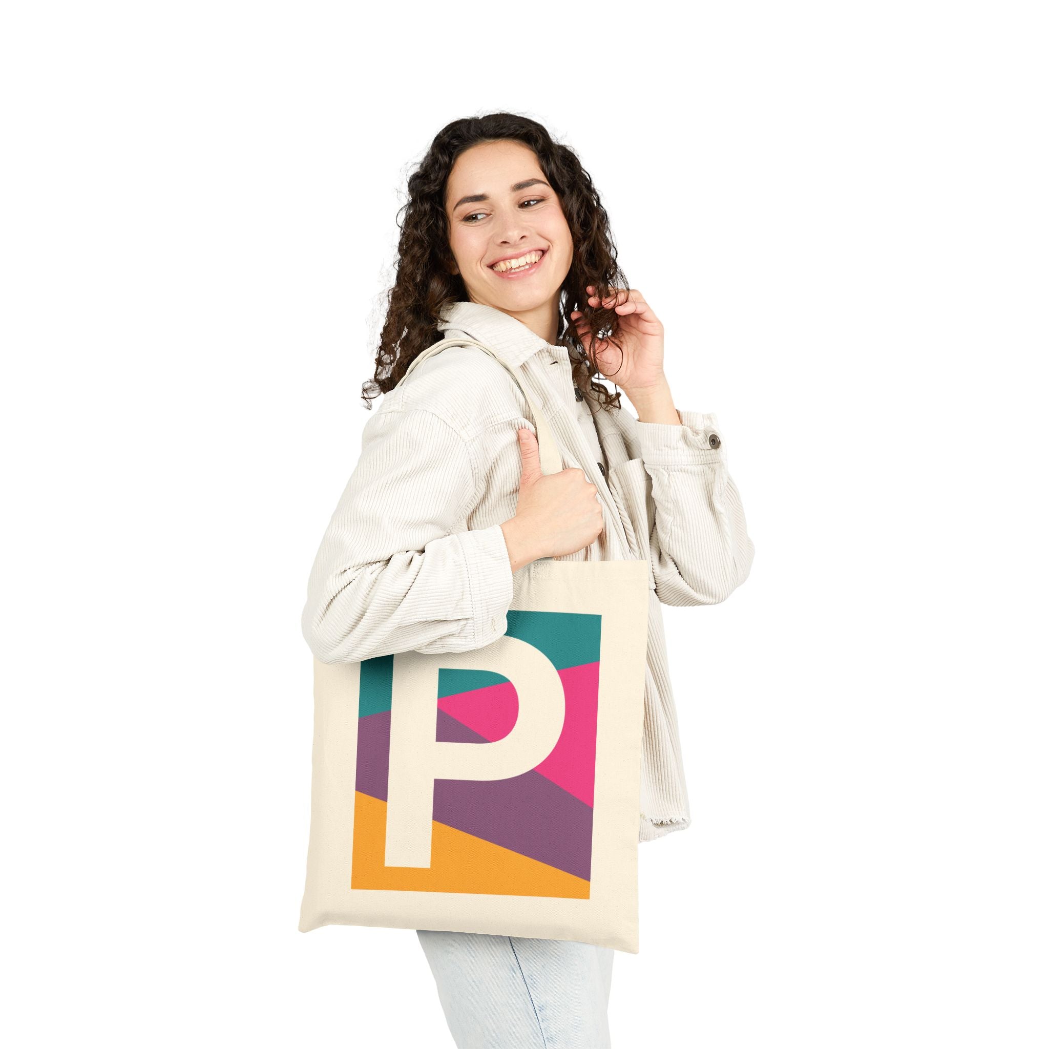 Initial P Colorblock Canvas Tote Bag — Monogram Letter P Reusable Grocery Tote