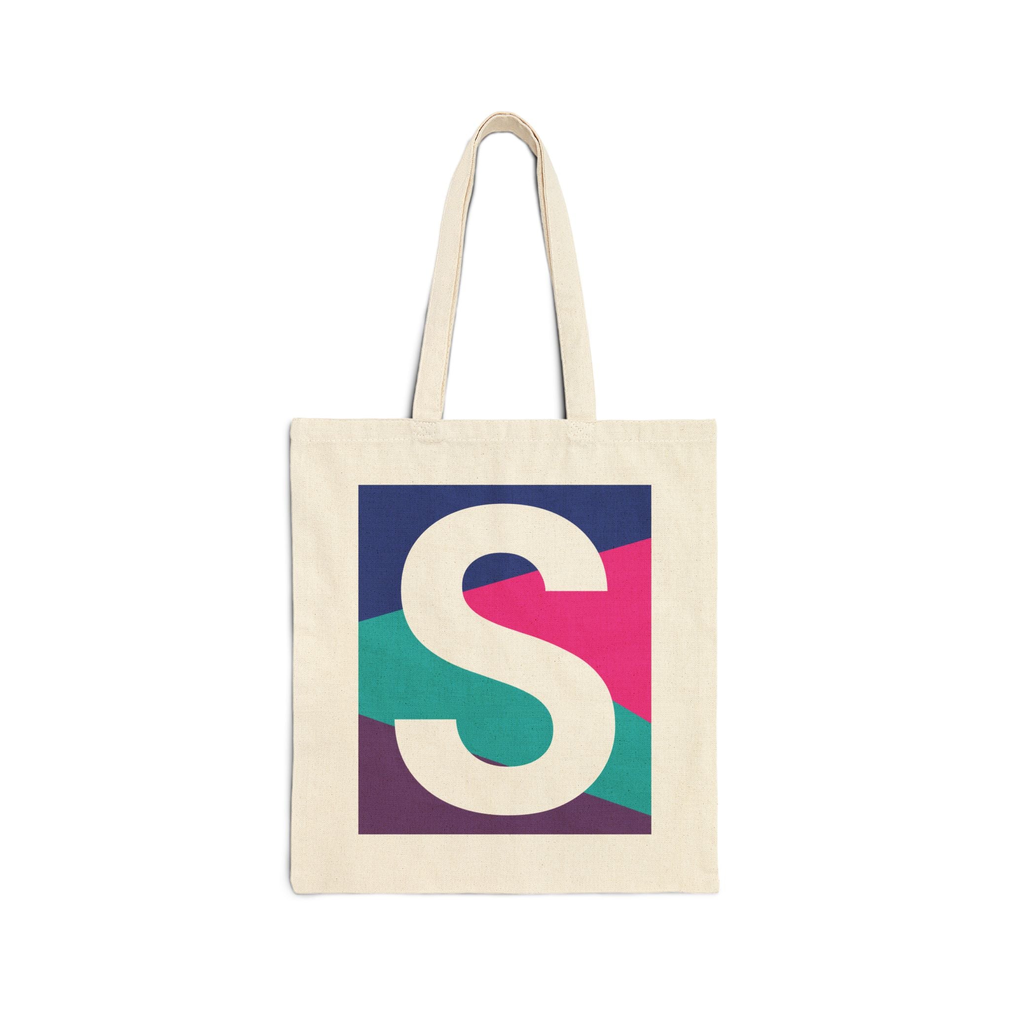 Initial S Colorblock Canvas Tote Bag — Monogram Letter S Reusable Grocery Tote