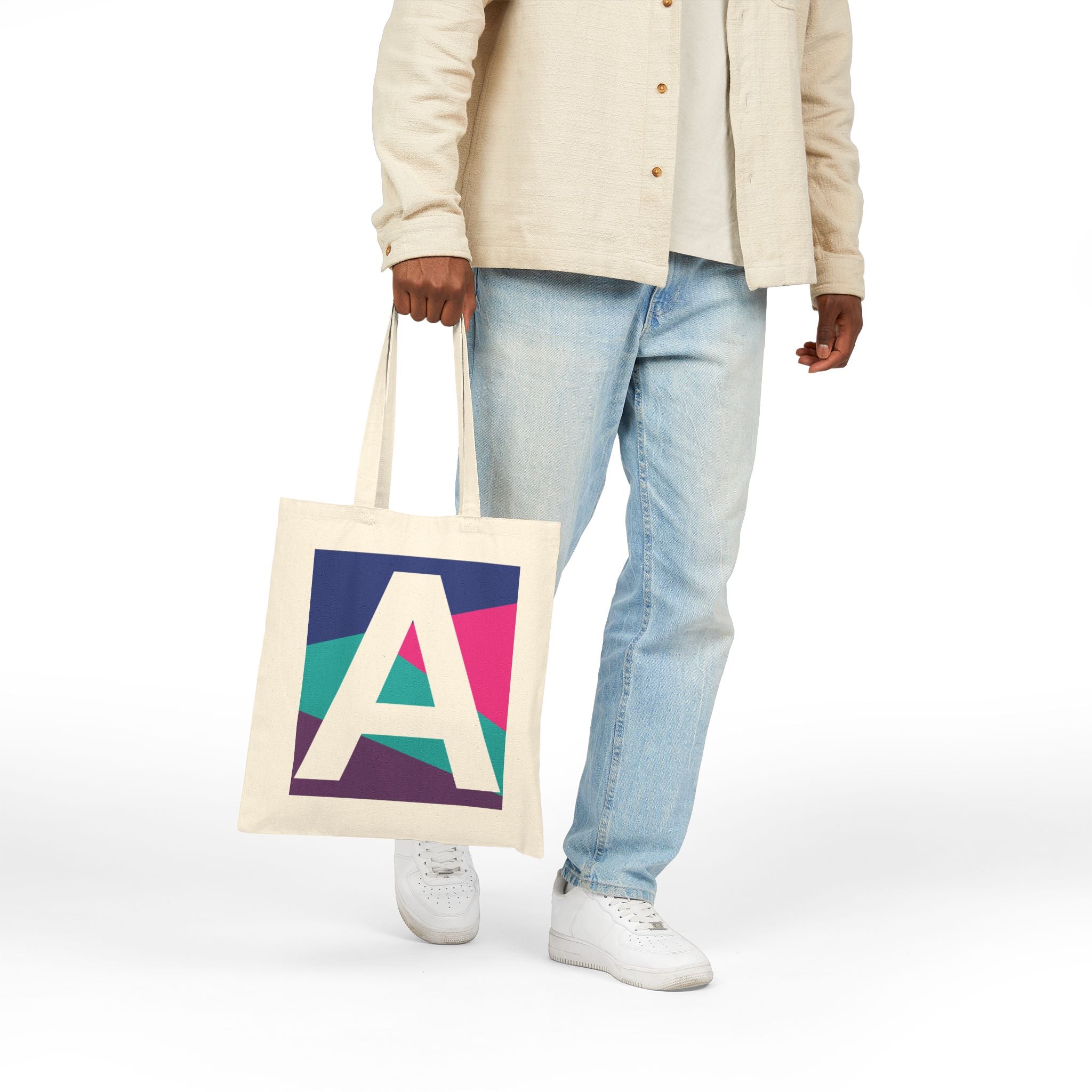 Initial A Colorblock Canvas Tote Bag — Monogram Letter A Reusable Grocery Tote