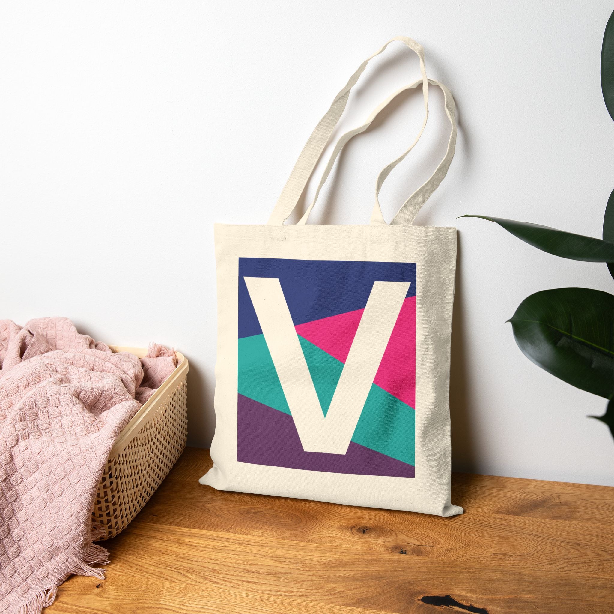 Initial V Colorblock Canvas Tote Bag — Monogram Letter V Reusable Grocery Tote