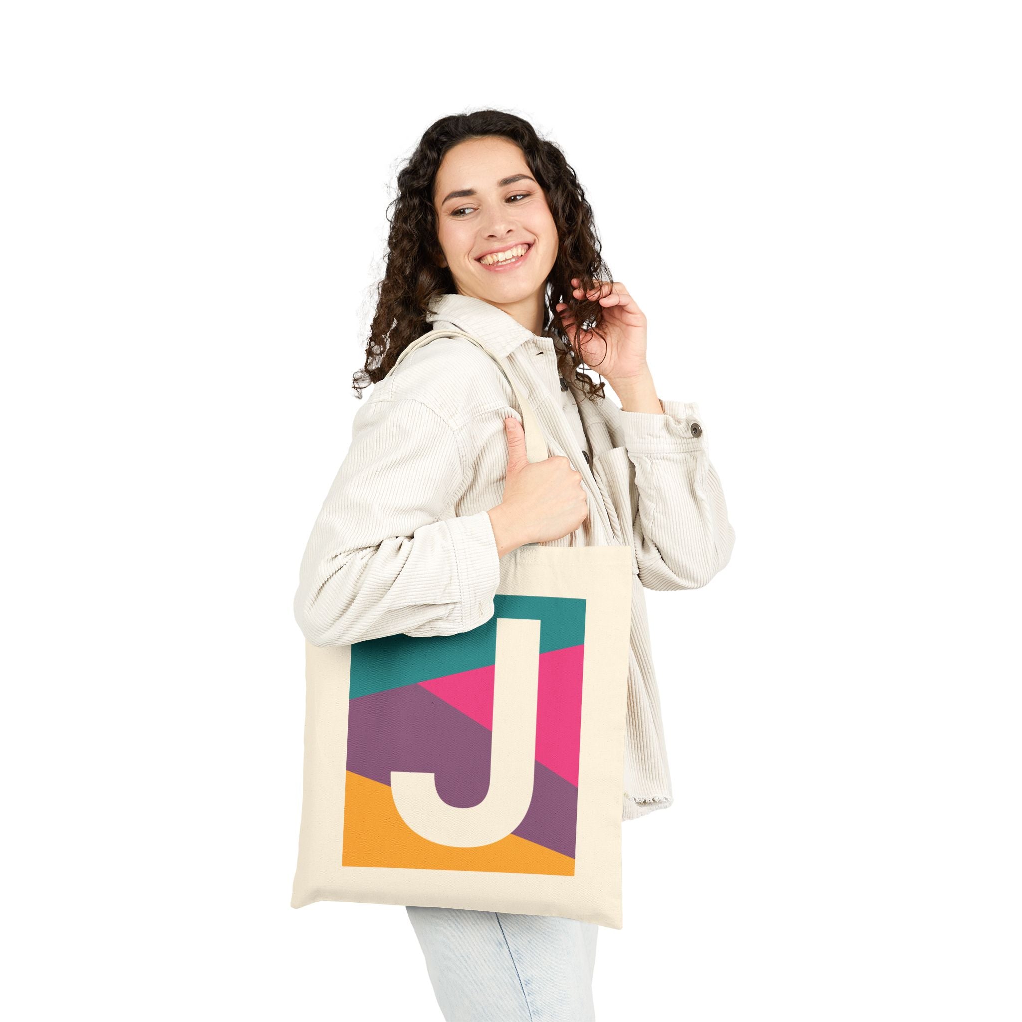 Initial J Colorblock Canvas Tote Bag — Monogram Letter J Reusable Grocery Tote