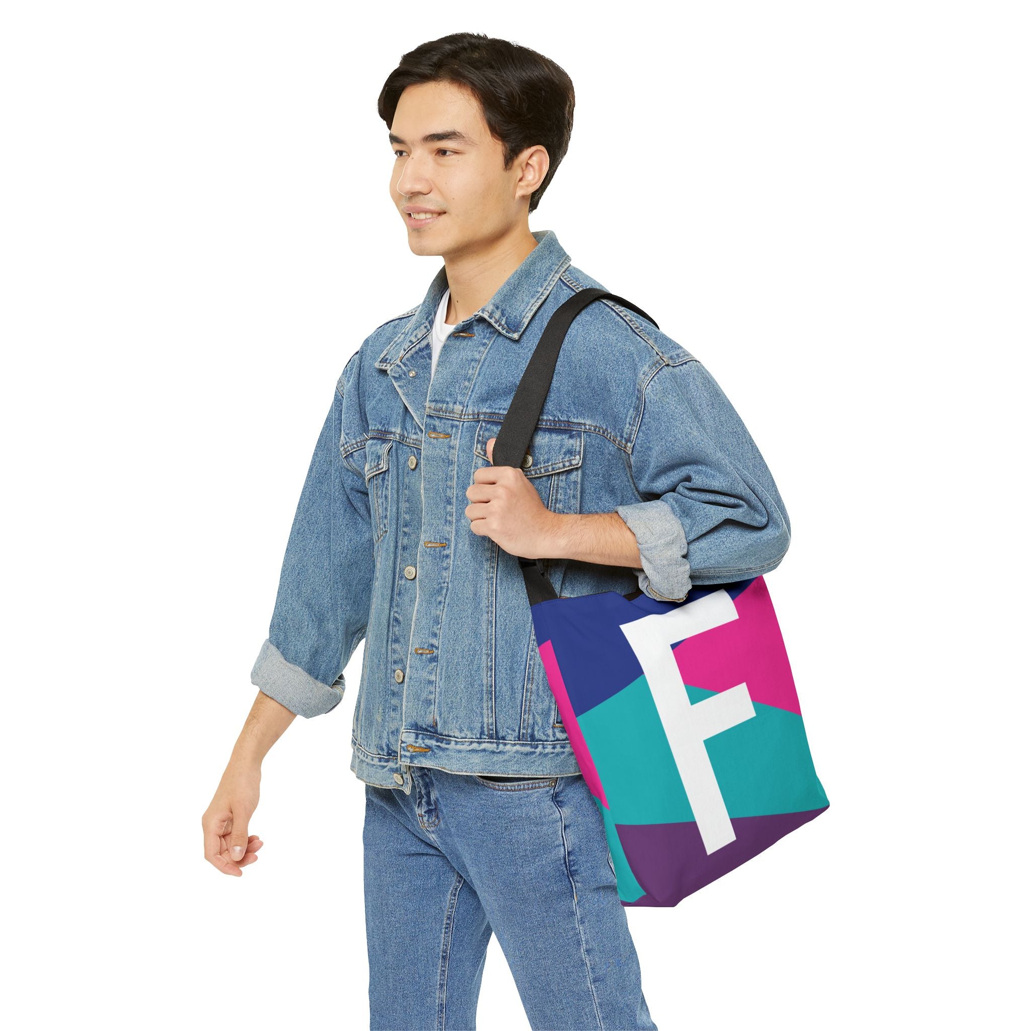 Initial Letter 'F' Colorblock Adjustable Tote Bag — Monogram Alphabet Shoulder Bag
