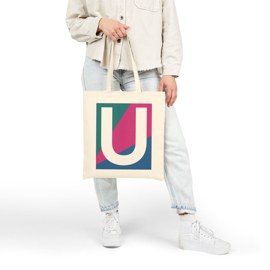 Initial U Colorblock Canvas Tote Bag — Monogram Letter U Reusable Grocery Tote