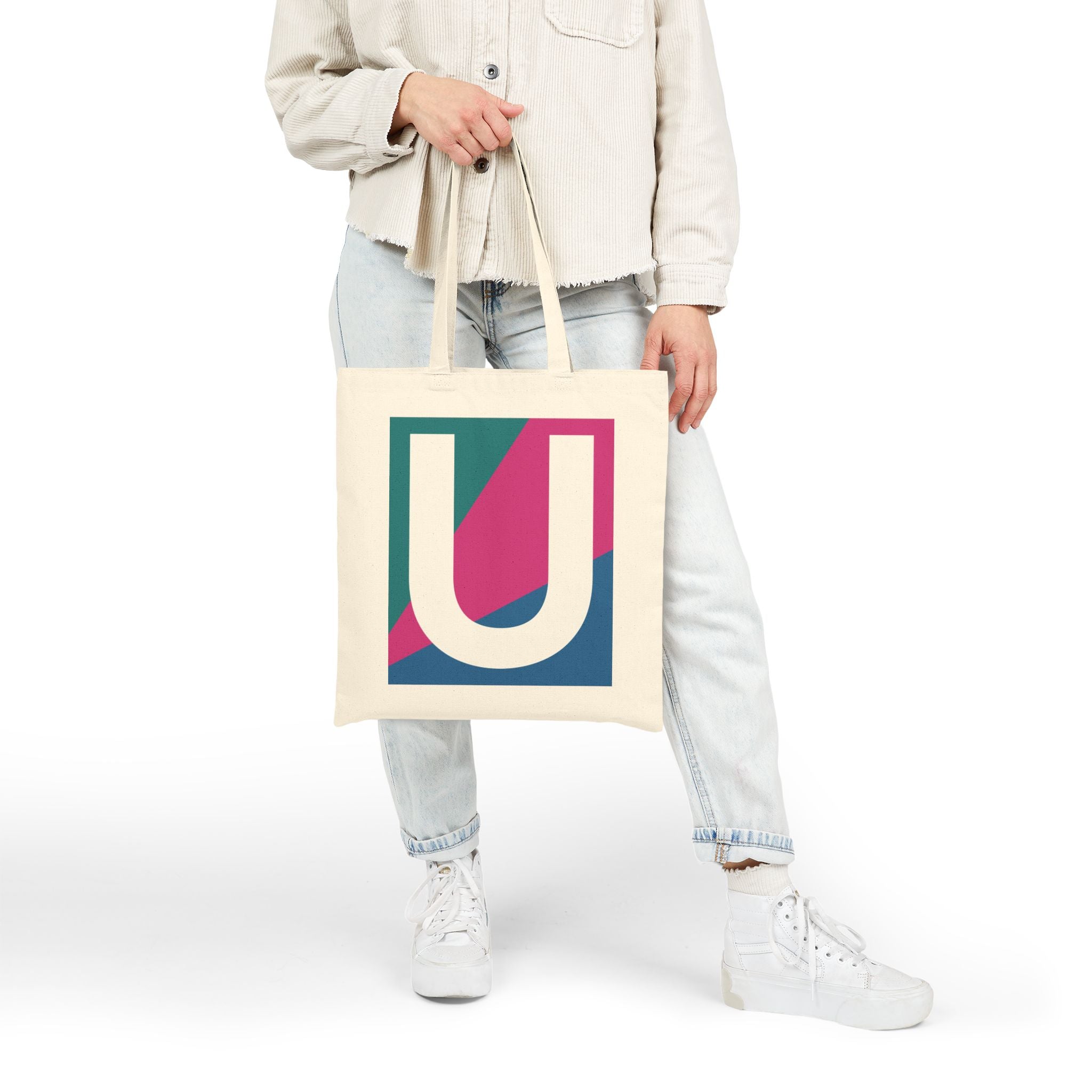 Initial U Colorblock Canvas Tote Bag — Monogram Letter U Reusable Grocery Tote