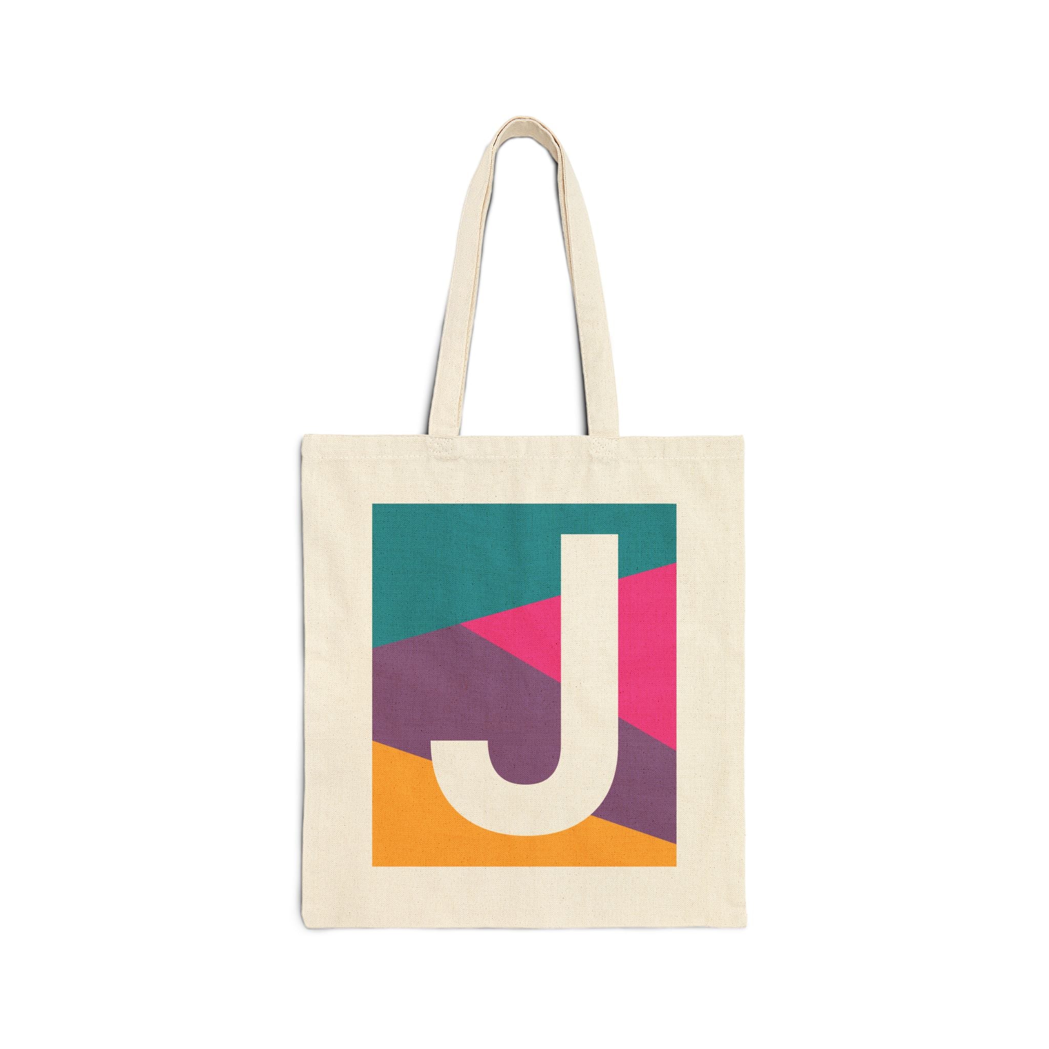 Initial J Colorblock Canvas Tote Bag — Monogram Letter J Reusable Grocery Tote