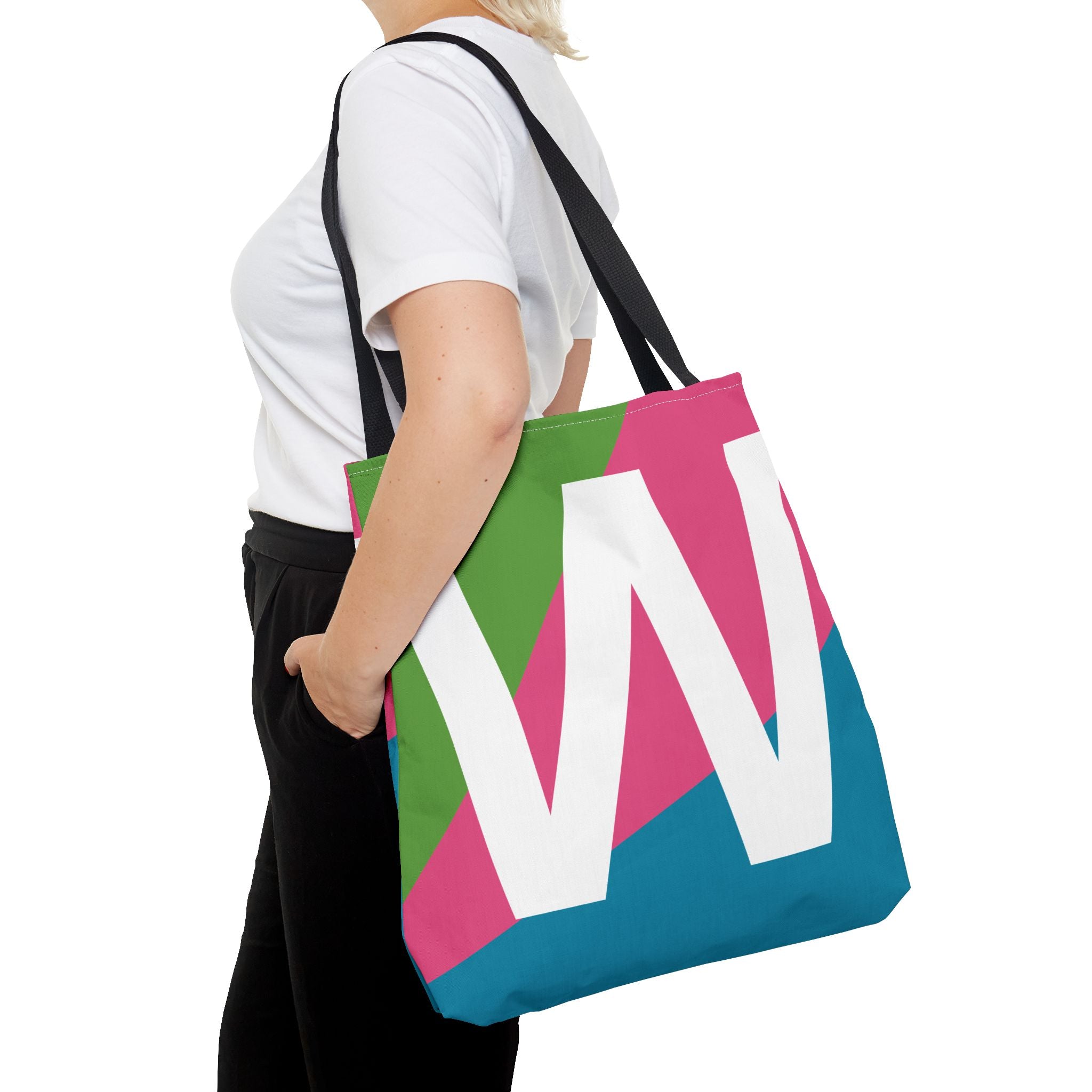 Monogram 'W' Colorblock Tote Bag — Personalized Initial W Shoulder Tote