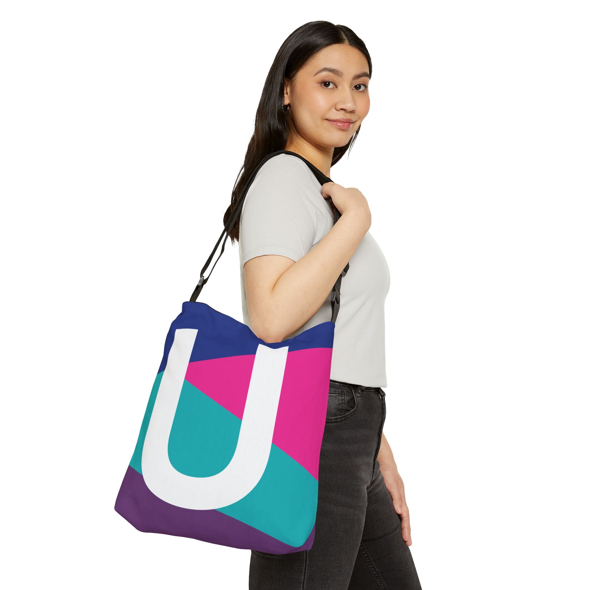 Initial Letter 'U' Colorblock Adjustable Tote Bag — Monogram Alphabet Shoulder Bag