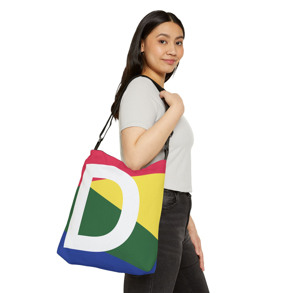 Initial Letter 'D' Colorblock Adjustable Tote Bag — Monogram Alphabet Shoulder Bag