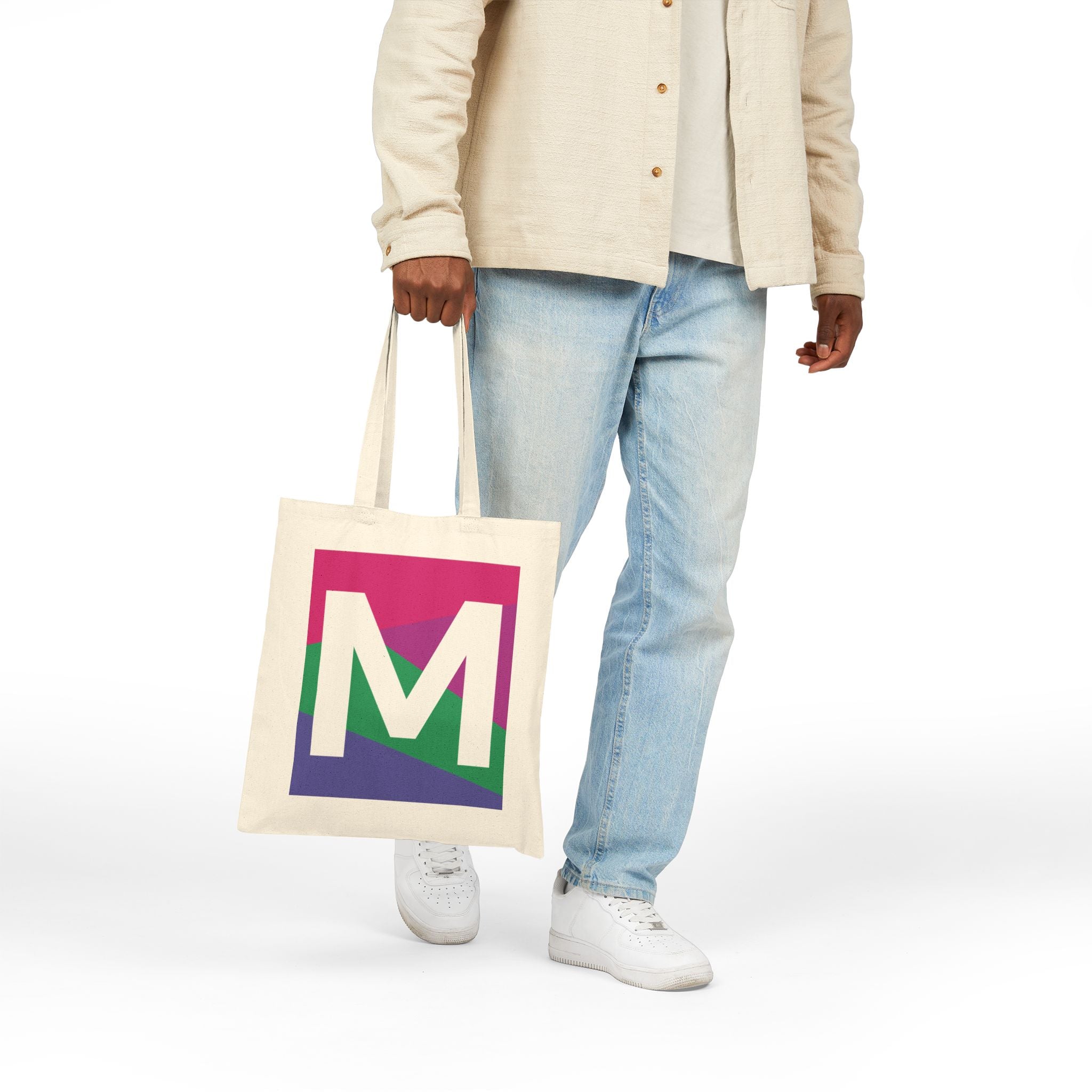 Initial M Colorblock Canvas Tote Bag — Monogram Letter M Reusable Grocery Tote