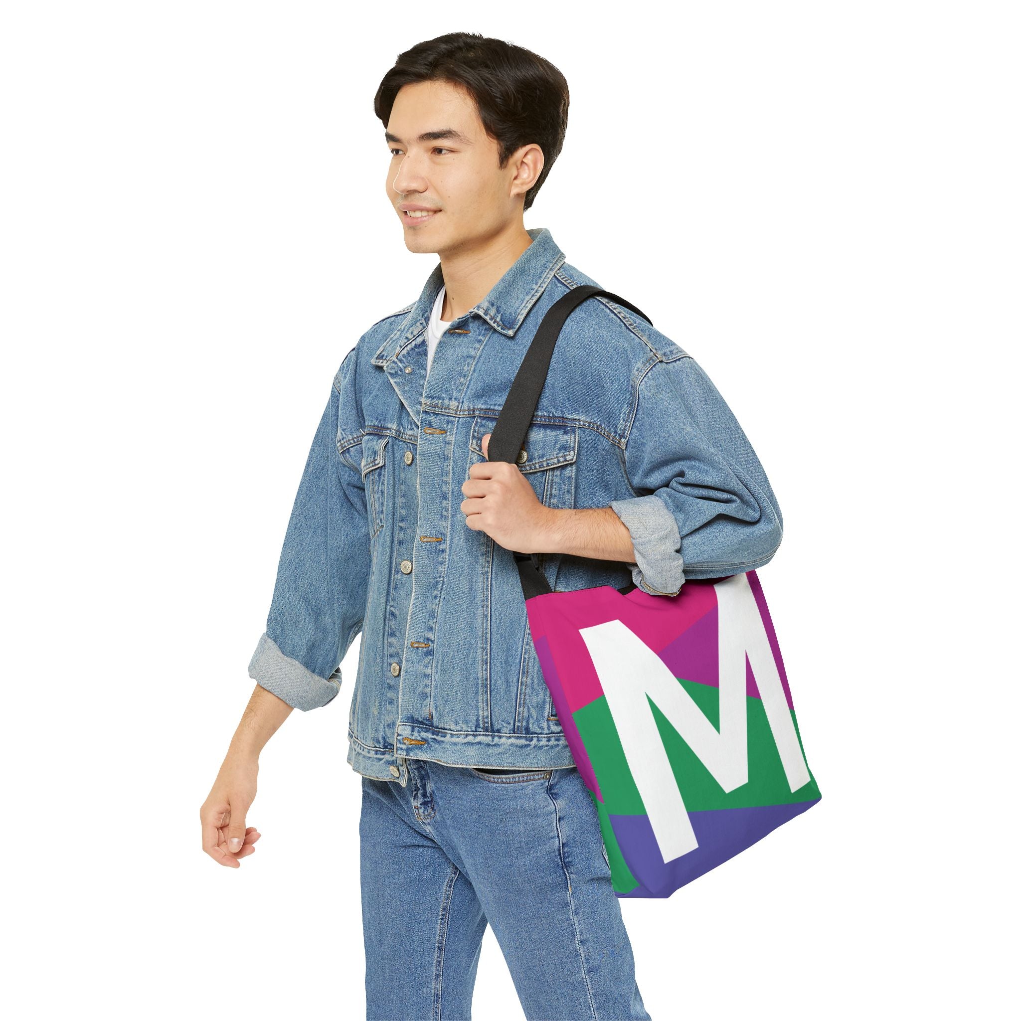 Initial Letter 'M' Colorblock Adjustable Tote Bag — Monogram Alphabet Shoulder Bag