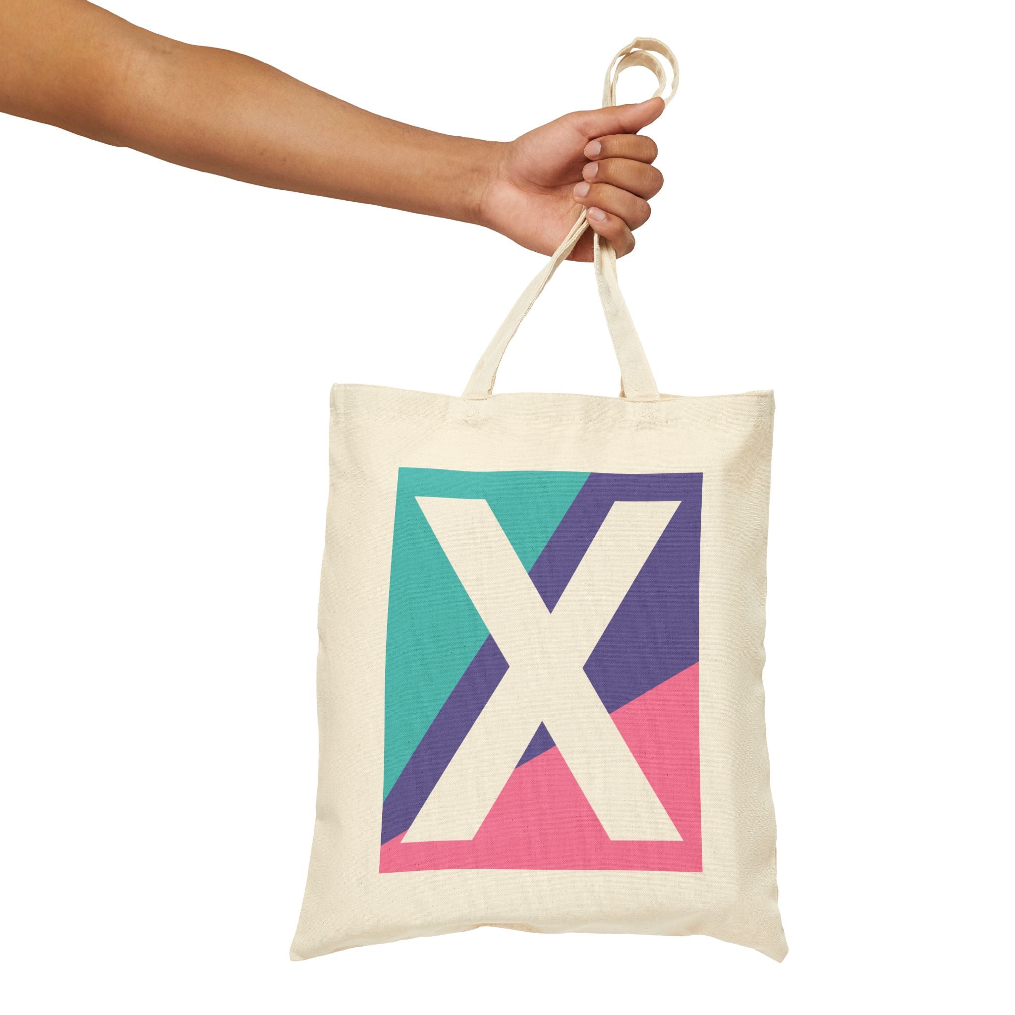 Initial X Colorblock Canvas Tote Bag — Monogram Letter X Reusable Grocery Tote