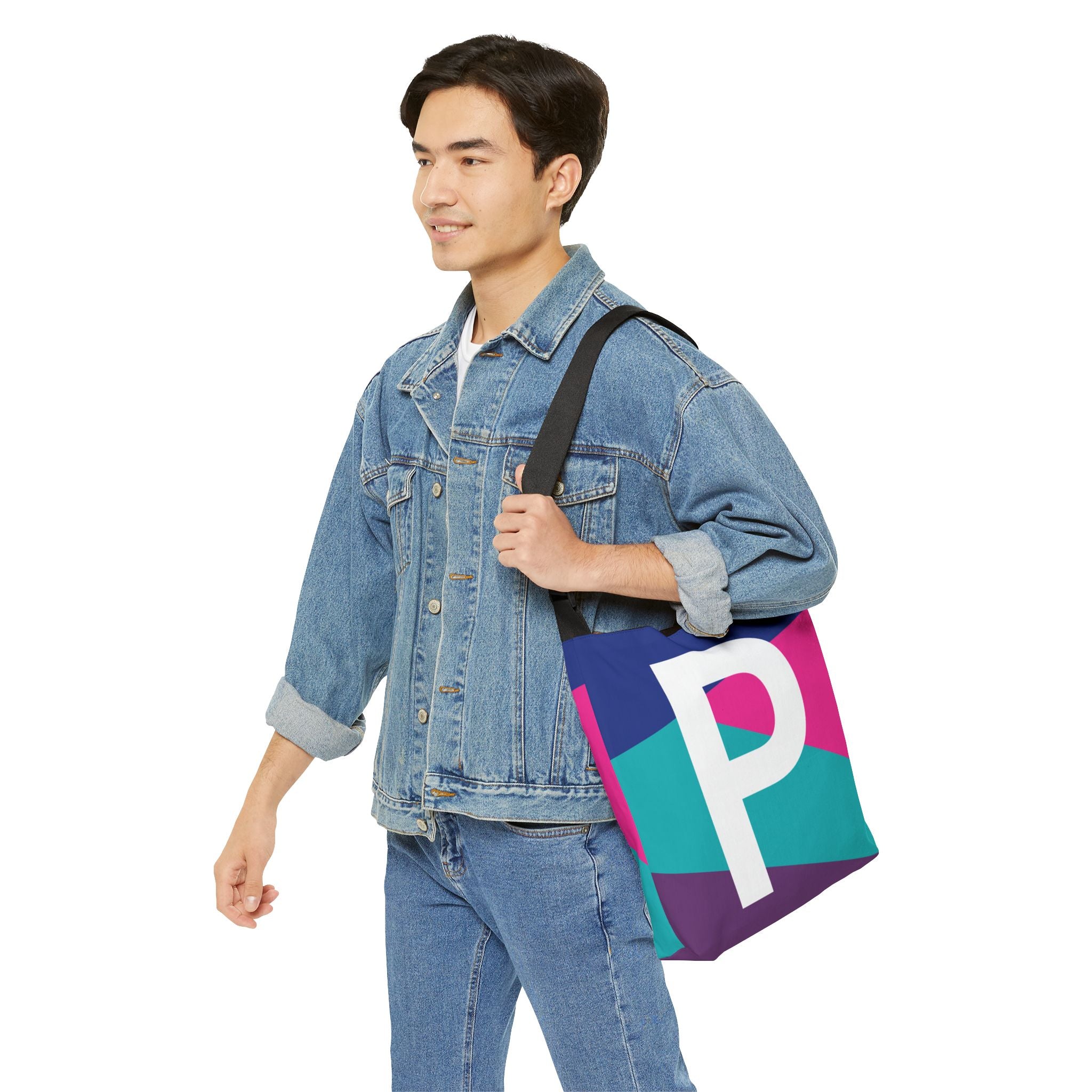Initial Letter 'P' Colorblock Adjustable Tote Bag — Monogram Alphabet Shoulder Bag