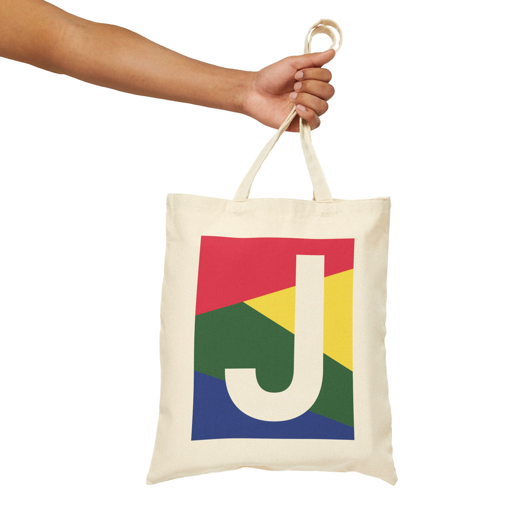 Initial J Colorblock Canvas Tote Bag — Monogram Letter J Reusable Grocery Tote