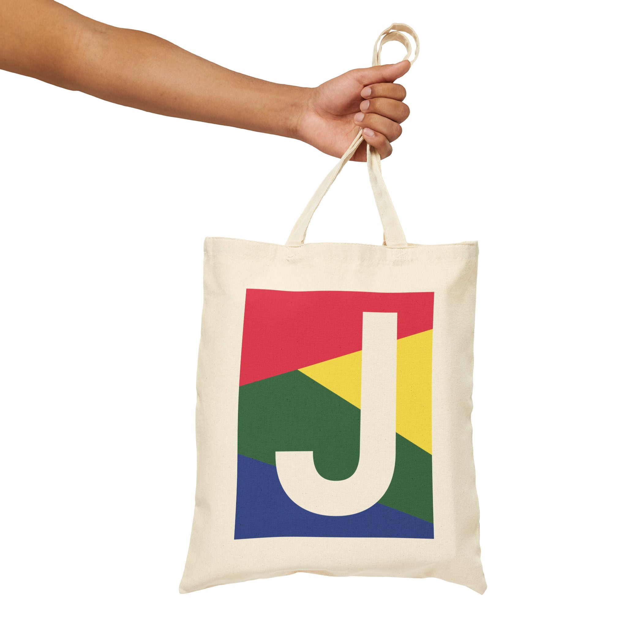 Initial J Colorblock Canvas Tote Bag — Monogram Letter J Reusable Grocery Tote