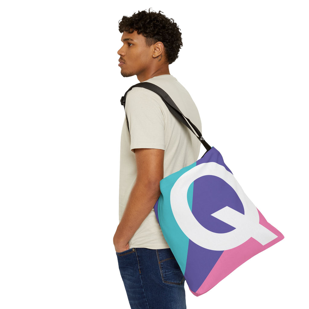 Initial Letter 'Q' Colorblock Adjustable Tote Bag — Monogram Alphabet Shoulder Bag