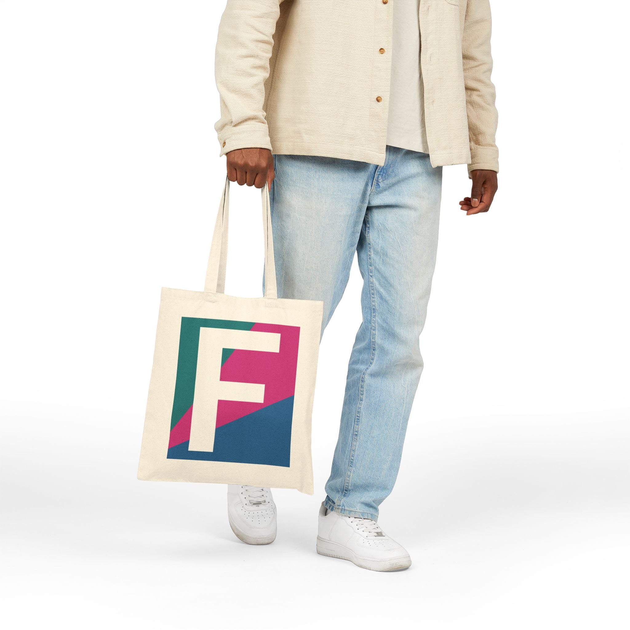 Initial F Colorblock Canvas Tote Bag — Monogram Letter F Reusable Grocery Tote