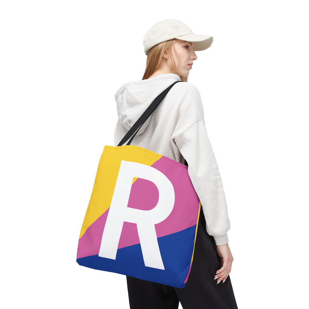 Monogram 'R' Colorblock Tote Bag — Personalized Initial R Shoulder Tote