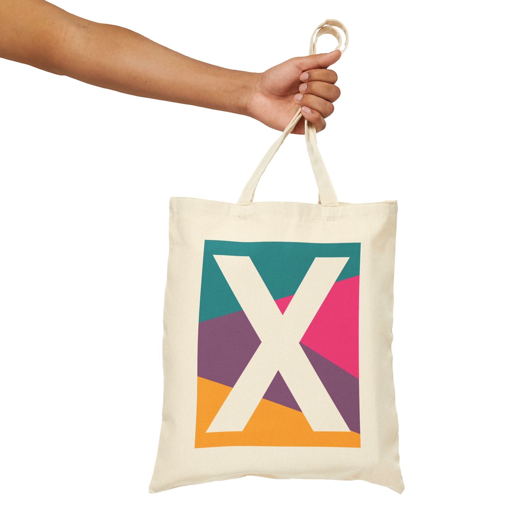 Initial X Colorblock Canvas Tote Bag — Monogram Letter X Reusable Grocery Tote