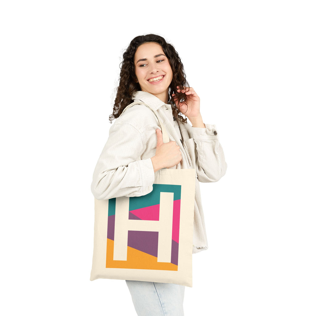 Initial H Colorblock Canvas Tote Bag — Monogram Letter H Reusable Grocery Tote