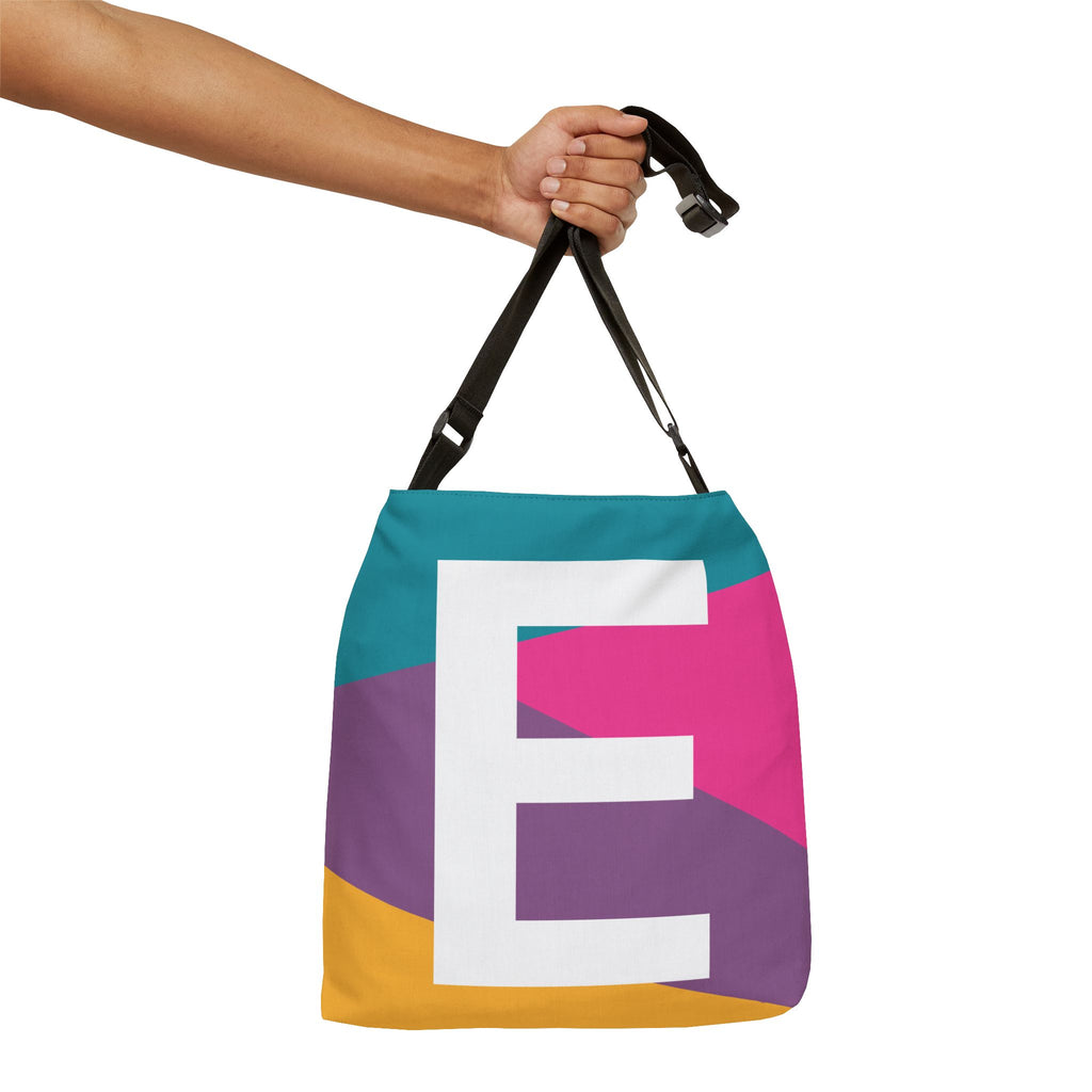 Initial Letter 'E' Colorblock Adjustable Tote Bag — Monogram Alphabet Shoulder Bag
