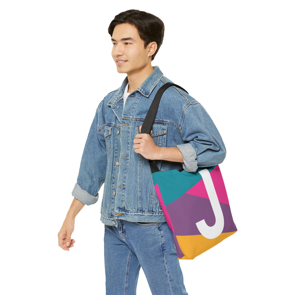 Initial Letter 'J' Colorblock Adjustable Tote Bag — Monogram Alphabet Shoulder Bag