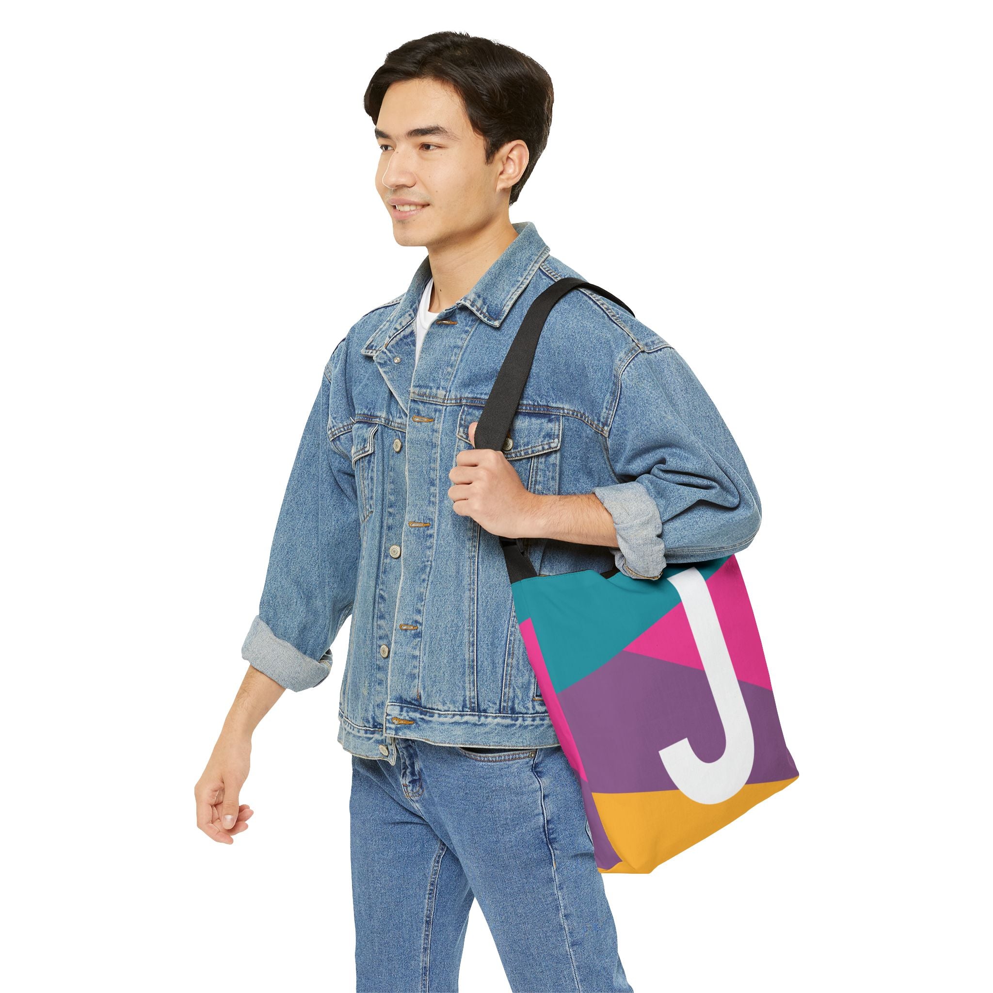 Initial Letter 'J' Colorblock Adjustable Tote Bag — Monogram Alphabet Shoulder Bag